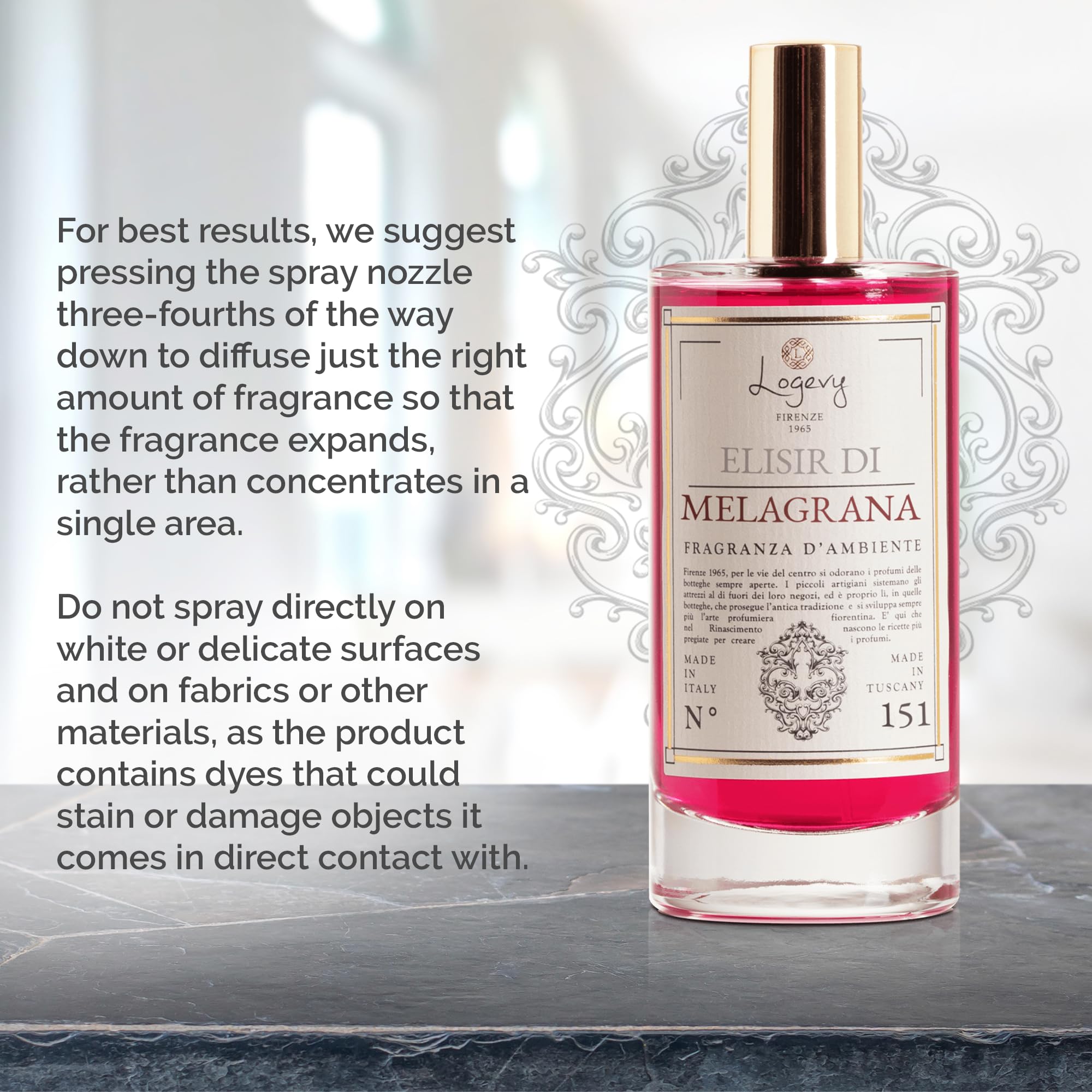 Logevy Firenze 1965 L'Etrusco Antico – The Pomegranate Elixir Home Spray zapachowy od Master Perfumer we Włoszech z pikantnymi i drzewnymi nutami, które urzekają zmysły i ożywią każde pomieszczenie,