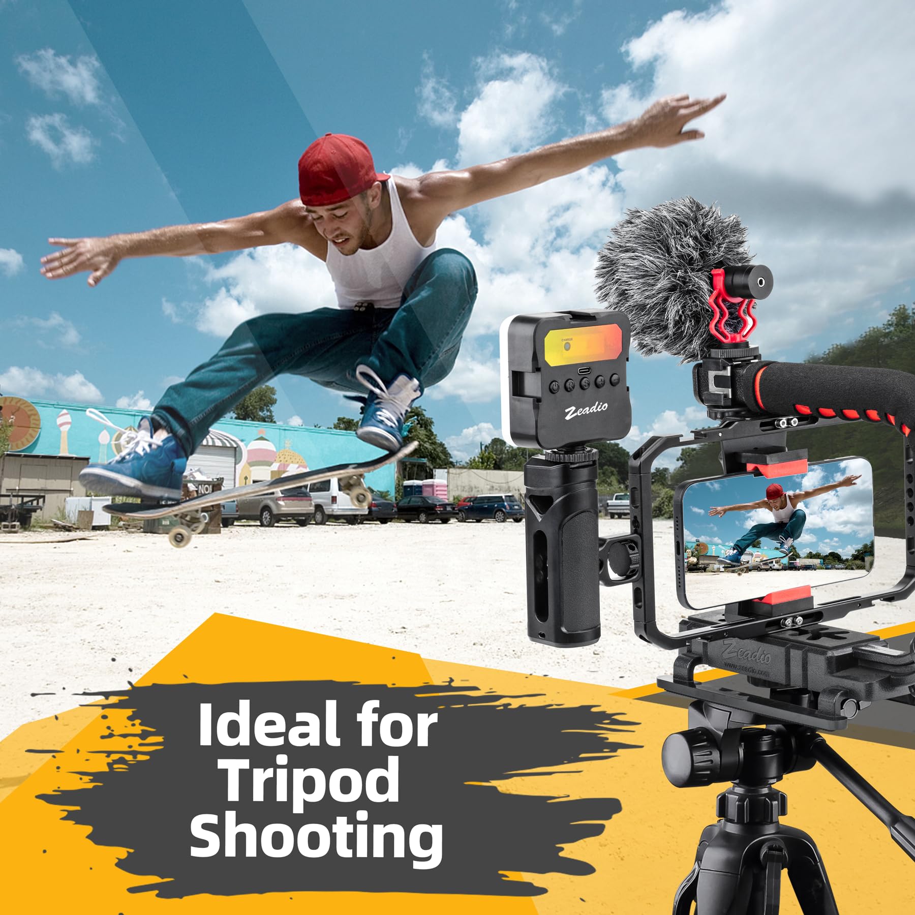 Zeadio Kit stabilizzatore per fotocamera per smartphone, portatile con supporto video portatile con gabbia in alluminio Smarphone, luce video RGB e microfono per tutte le fotocamere DSLR, ecc
