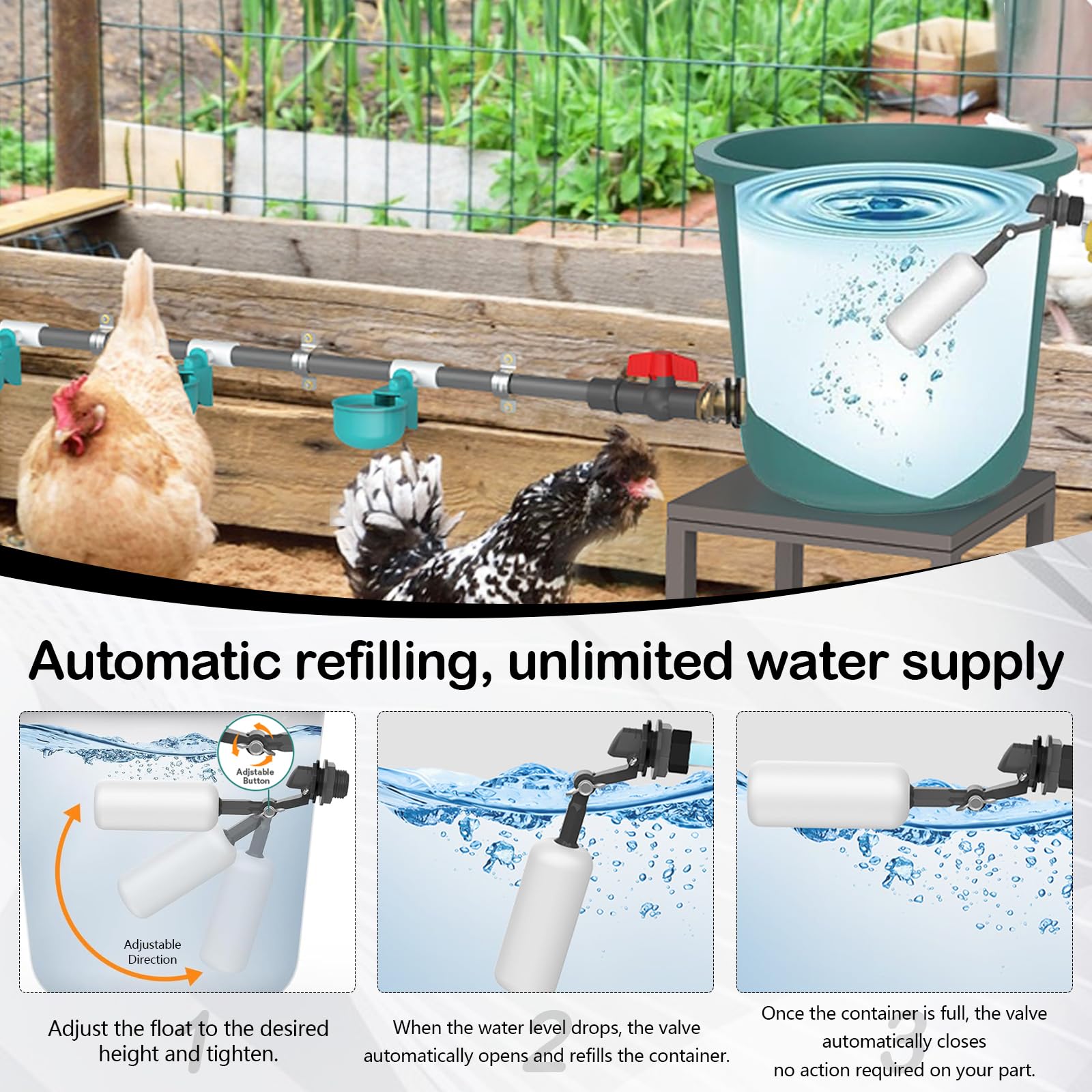 Bebedero para Gallinas, Bebedero Automático para Aves de Corral y Taladro Agua para Pollos con 9 bebederos y 10 Tubos de Agua Kit para Aves Palomas Pollos Suministros Comedero de Pollo (Sin Balde)