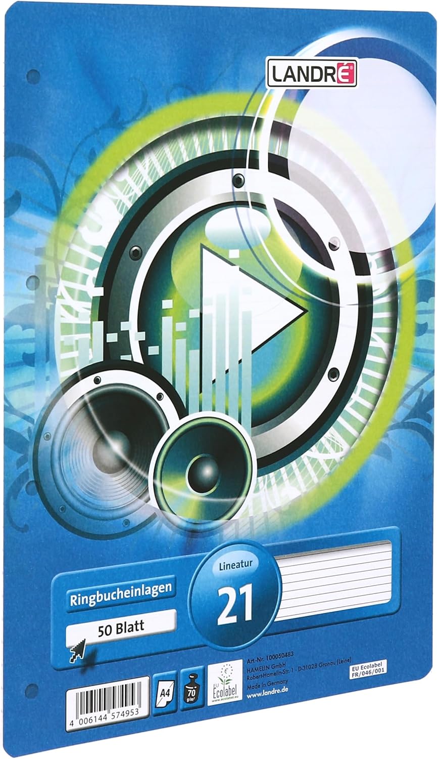 Landre 100050460 Ring Binder Inserts A4 100 Sheets Lined 70 g/m² Round Corners Perforated Ring Binder Insert Paper Insert