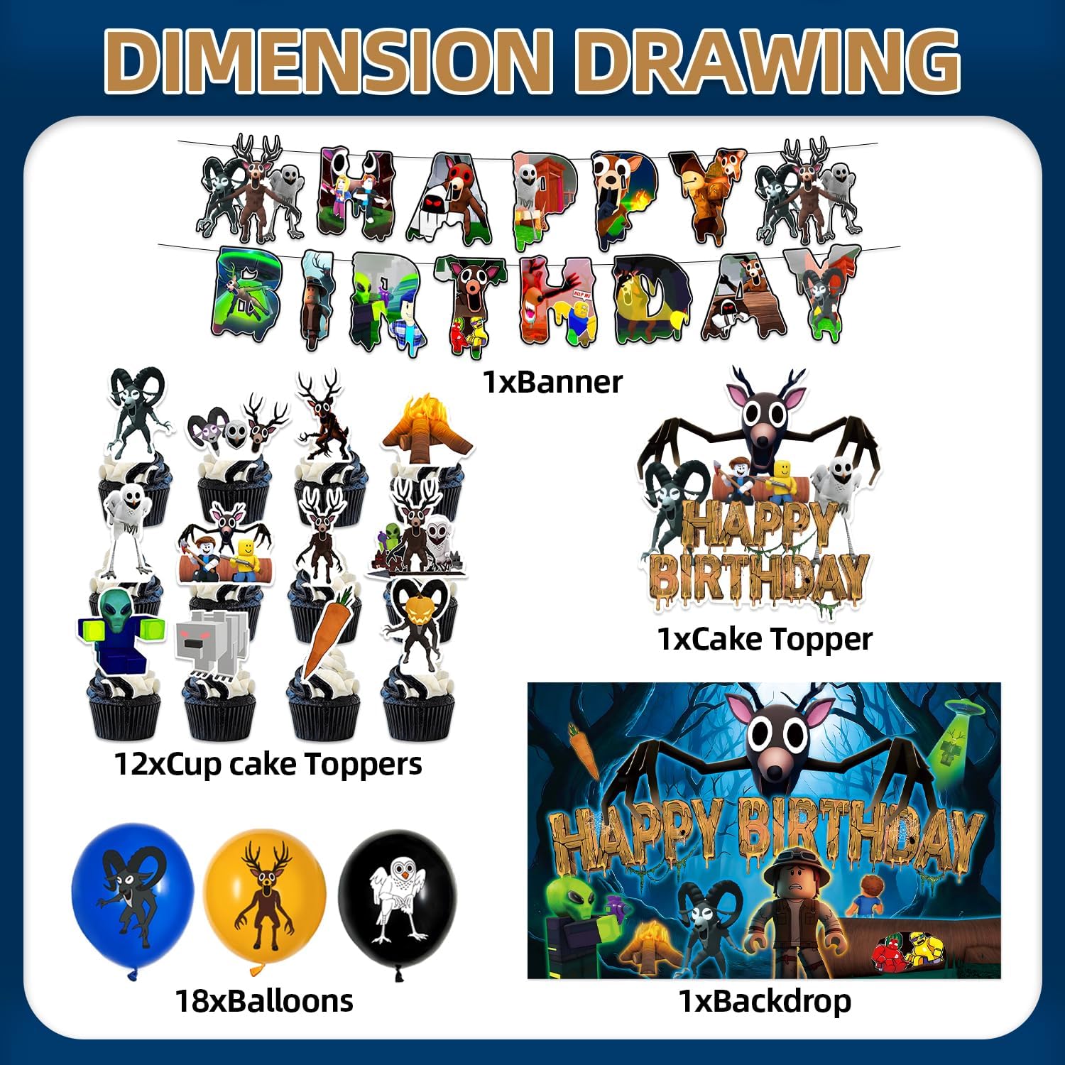42Pack 99 Nights in the Forest Birthday Party Supplies Pack Includes，Banner，Cake Topper，Blackdrop,Balloons for 99 Nights in the Forest party supplies