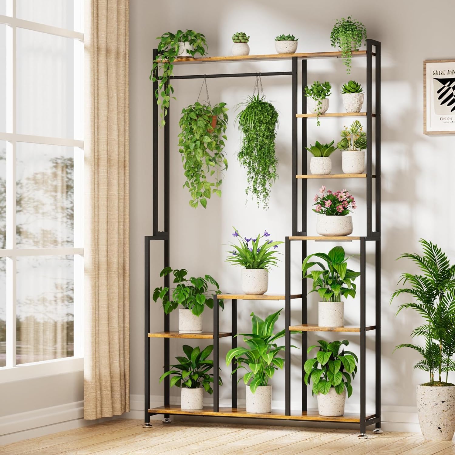 71 Inch Tall Plant Stand: 8-Tier Heavy-Duty Metal Shelf with Grow Light - Modern Walnut & Black Display Rack for Indoor Plants - Living Room Balcony & Patio Decor