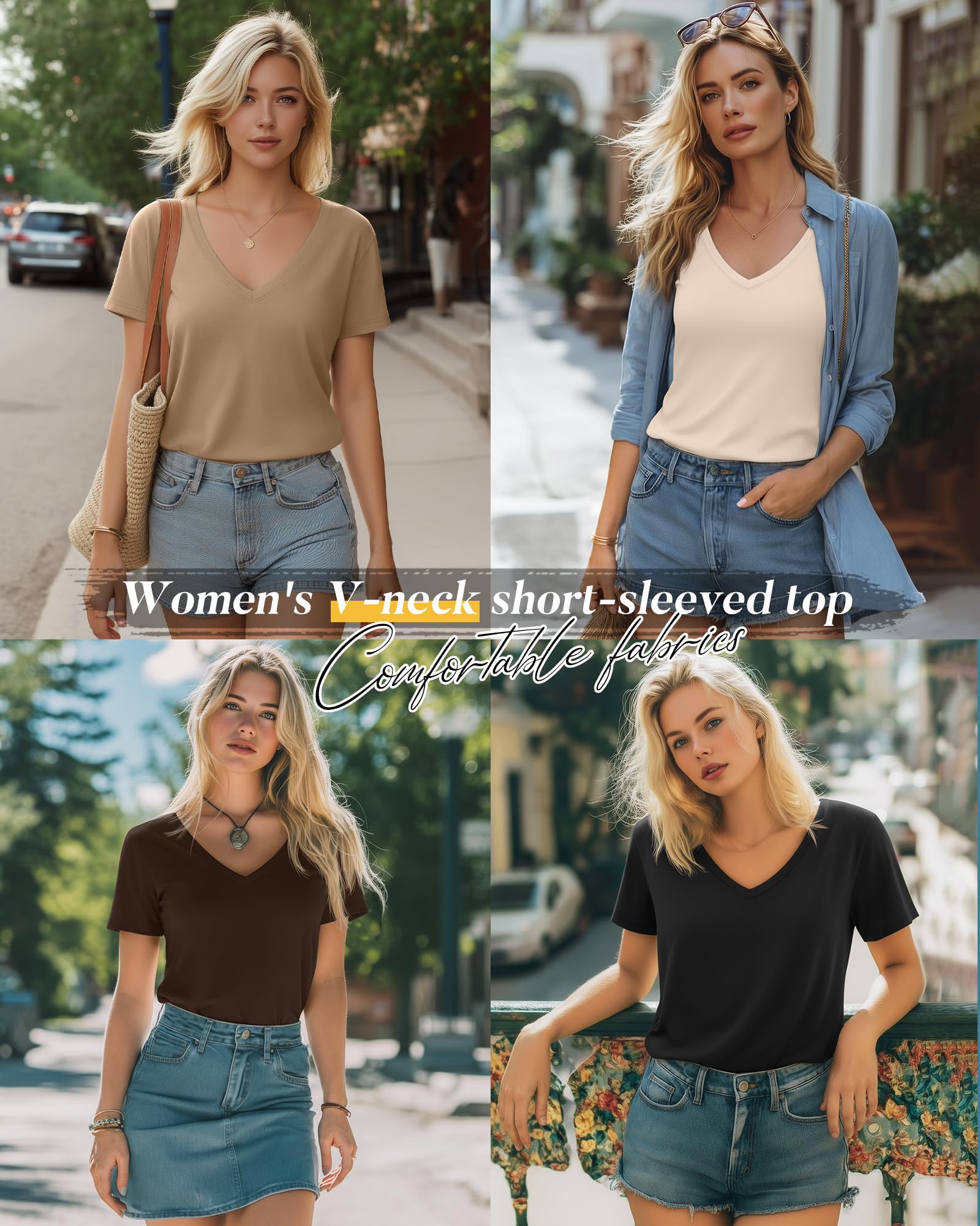 Neer Pack de 4 Camisetas Mujer Cuello en V Manga Corta Verano Casual Corte Holgado Dobladillo Recto Básicas
