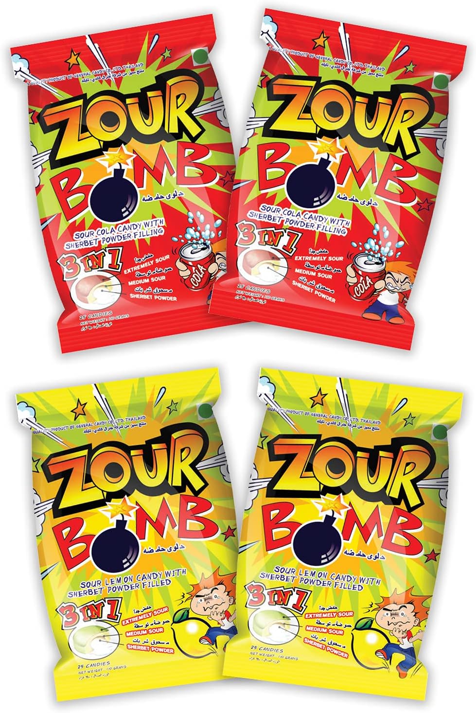 Zour Bomb Sour Candy Combo Pack of 4 (Cola & Lemon) 110grams each, Candies from Thailand, Share with Friends & Family