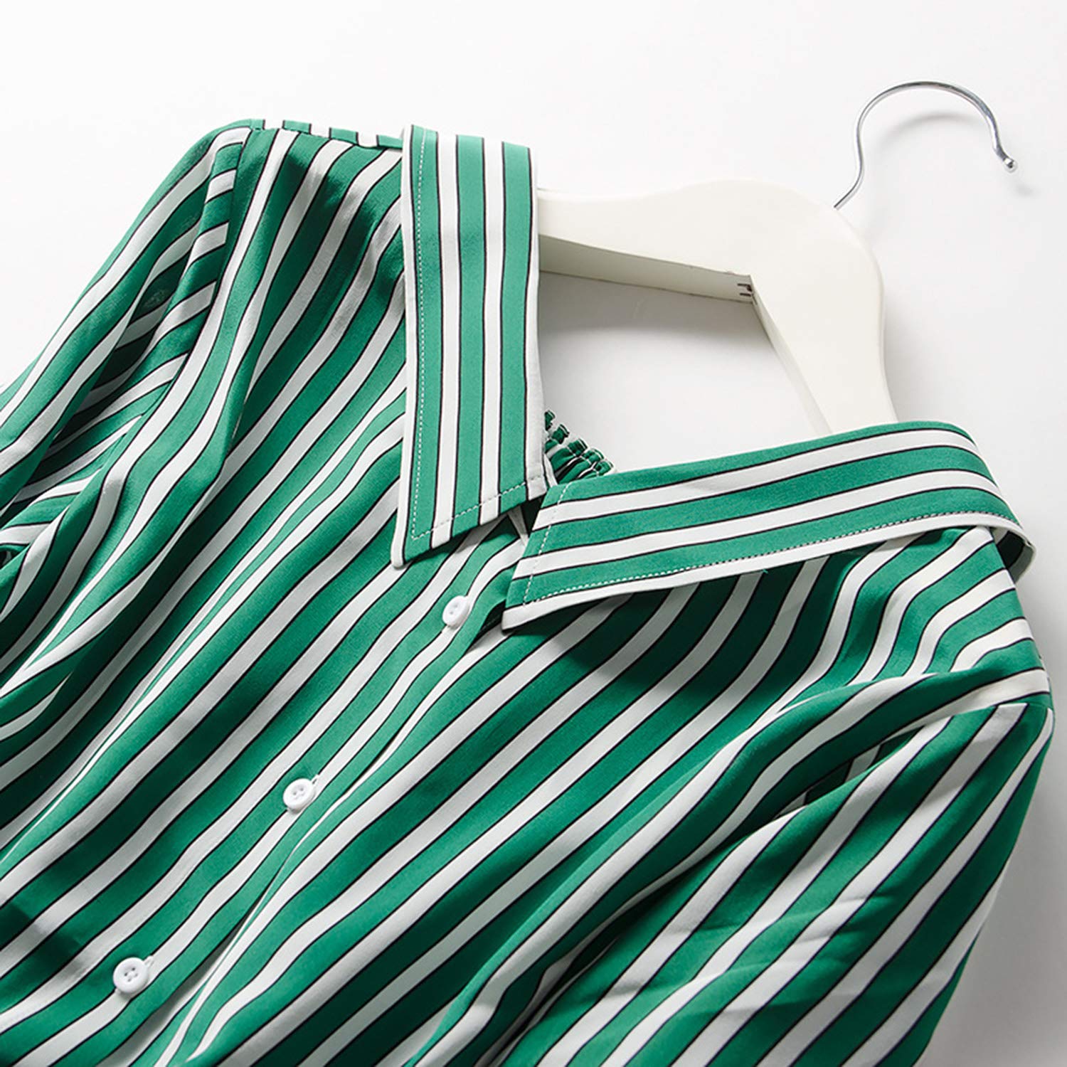 Camicia A Righe Verdi con Scollo A V, Tuta da Donna A Maniche Lunghe in Seta, Blusa A Molle