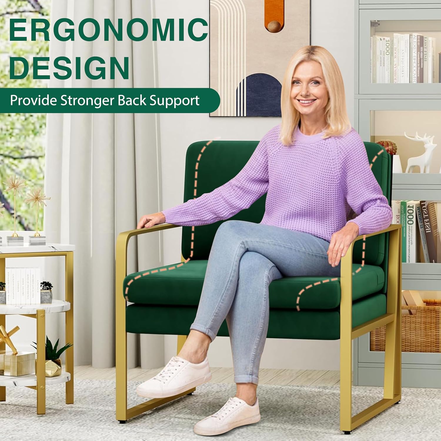 ALISH Accent Chairs Set of 2, Upholstered Armchair Modern Living Room Chairs Linen Arm Chair Side Sofa Chairs Reading Chairs with Metal Legs for Bedroom, Living Room (Green，Set of 2)