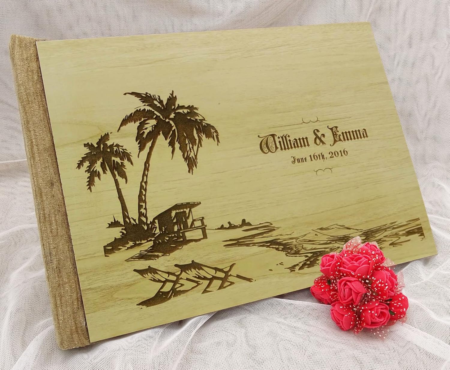 Wood Engraved Bride & Groom Advice Guestbook Personalized Rustic Wedding Guest Book - 50 Pages