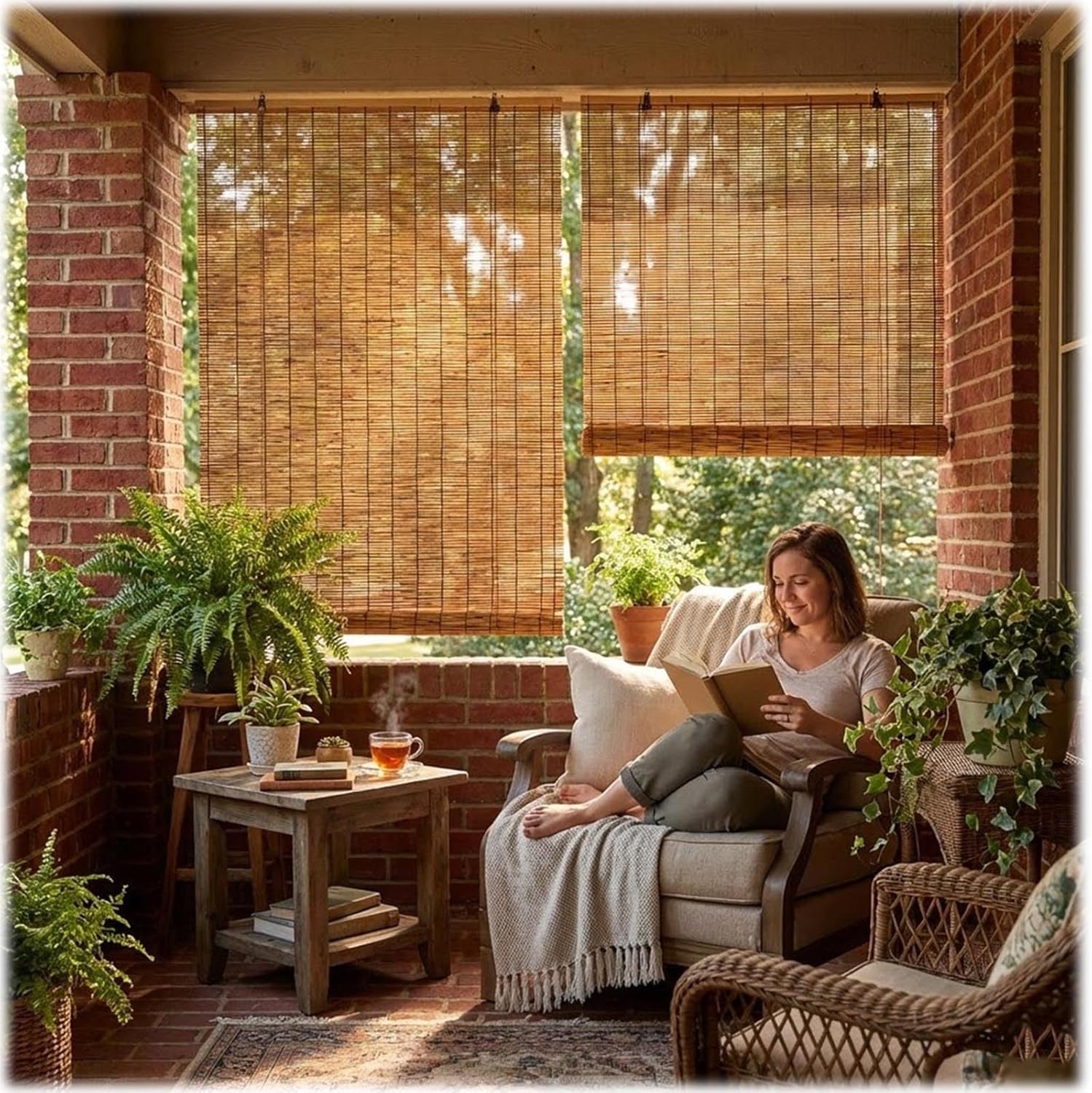 Patio Shades Bamboo for Porch Privacy 36 48 64 72 84 96" H Sunshade Outdoor Roll Up Blinds, Blackout Natural Outside Reed Roller Blinds Cordless, Exterior Weather-Resistant Sun Shades(42" W x 48" H)