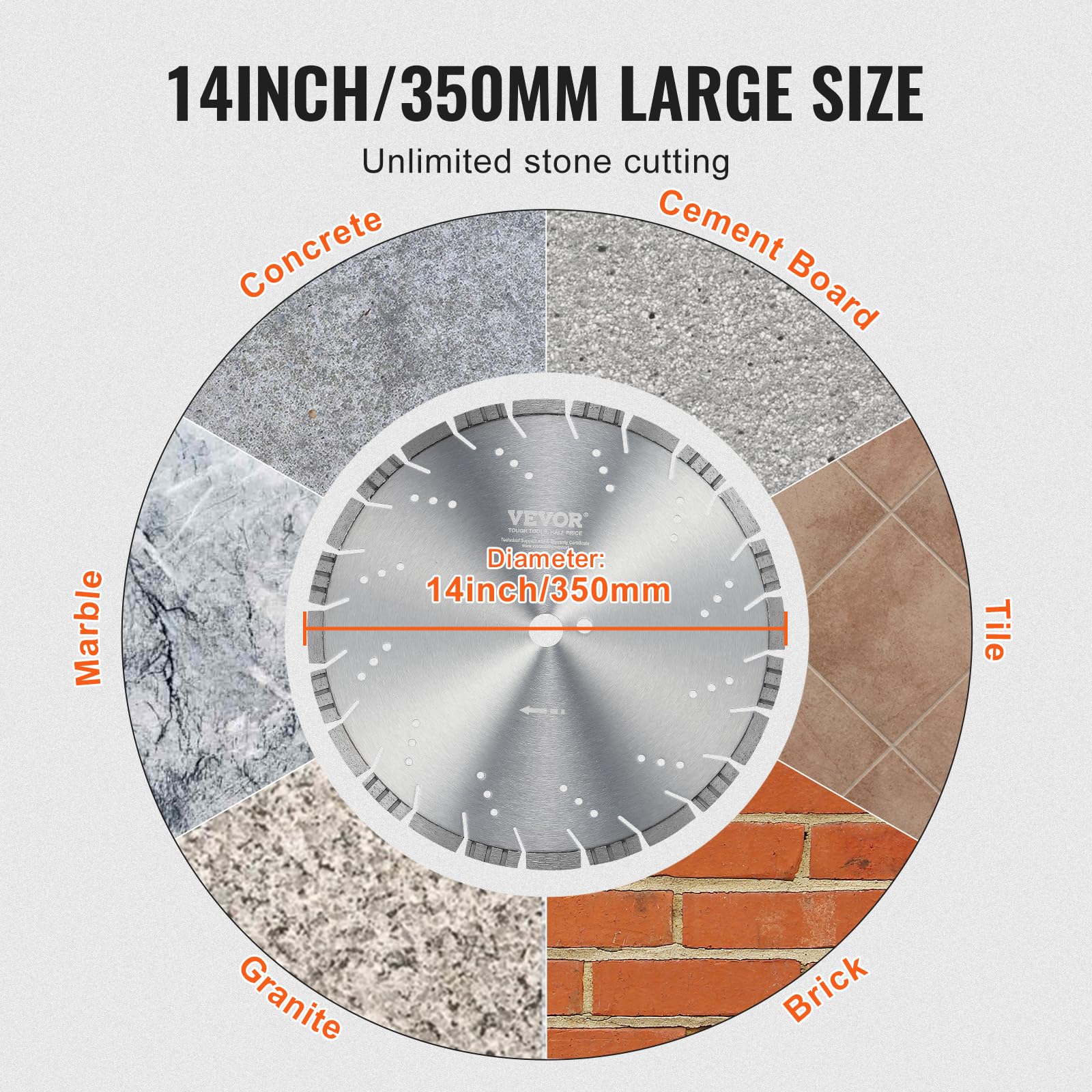 VEVOR Disque à Tronçonner Diamanté 350 mm, Disque Diamant Humide ou Sèche, Lame de Scie à Béton avec Dents Inclinées de 12 mm, Diamètre du Trou Central Universel 25,4 mm, pour Béton, Carrelage, Brique