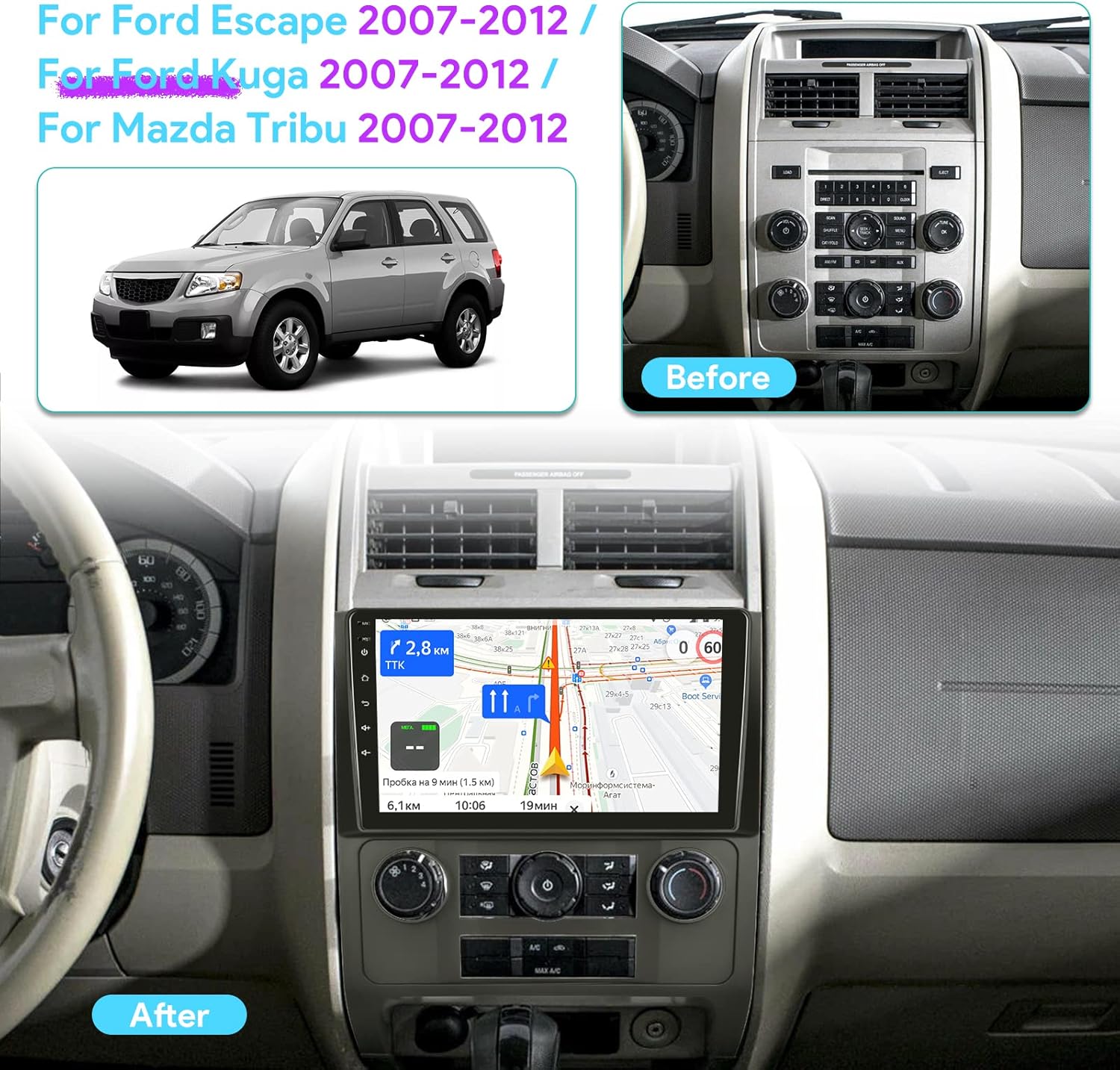 [2+64GB] Car Radio for Ford Escape Kuga Mazda Tribute 2007-2012, 9 inches Android 13 Touch Screen Stereo, Carplay/Android Auto/Hi-Fi/1080P/Bluetooth + AHD Backup Camera