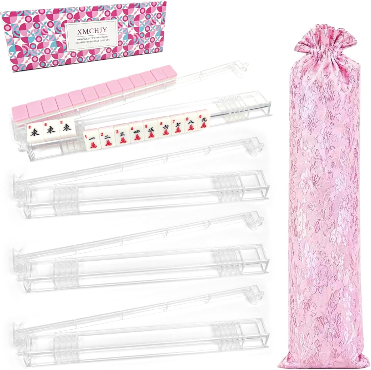 Mahjong Racks with Pushers Set of 4, Clear Acrylic Mahjong Tile Holders, Non-Slip American Mahjong Rack All-in-One, Mahjong Accessories Gift Set