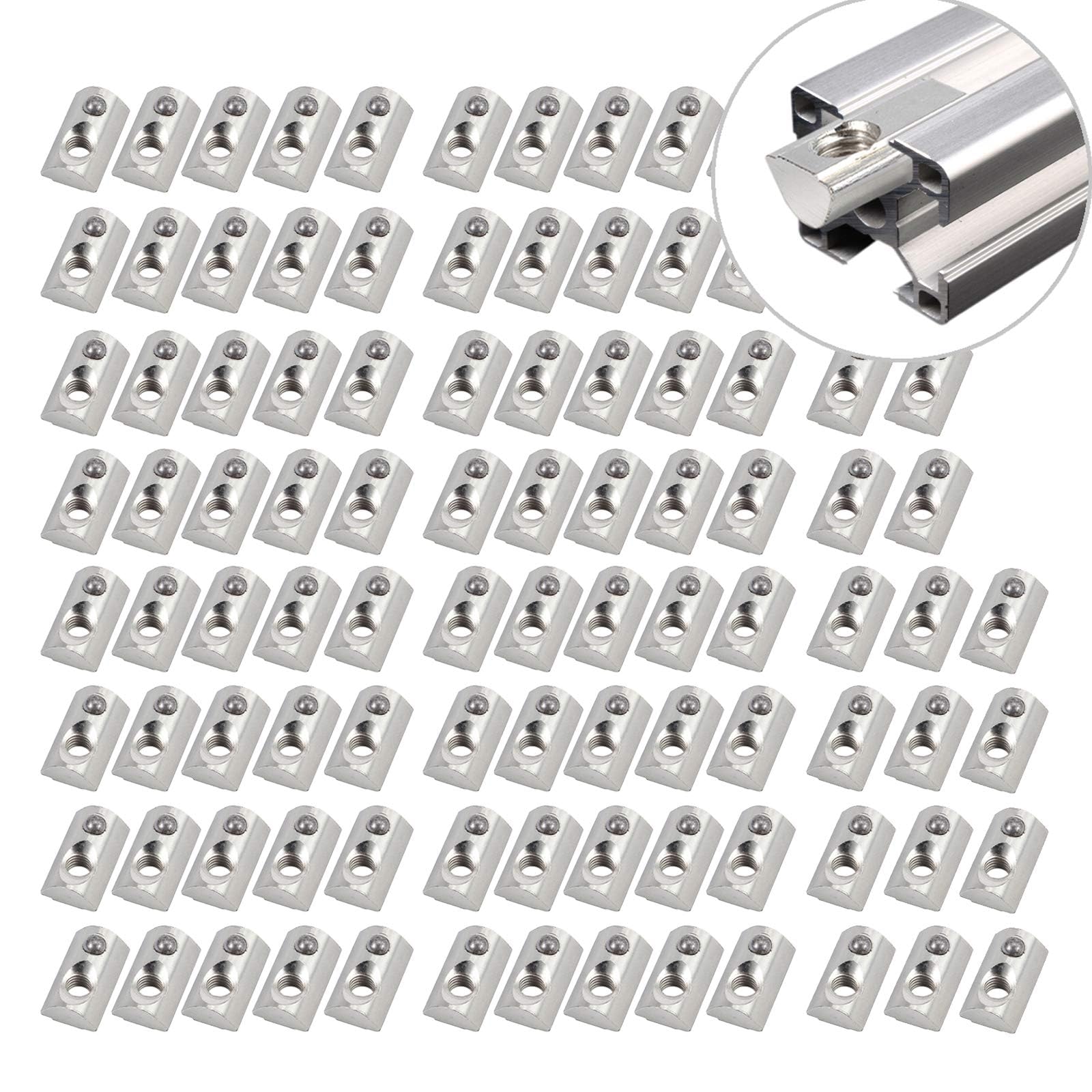 100x Nutensteine Nut8 M6 mit Zentrierung Kugel, EYPINS Nutensteine T-Nut Schrauben Gewinde mit Steg Federkugel Aluprofil Verzinkt Aluminiumprofil-Extrusionsschlitz der europäischen Standard 3030, 3060