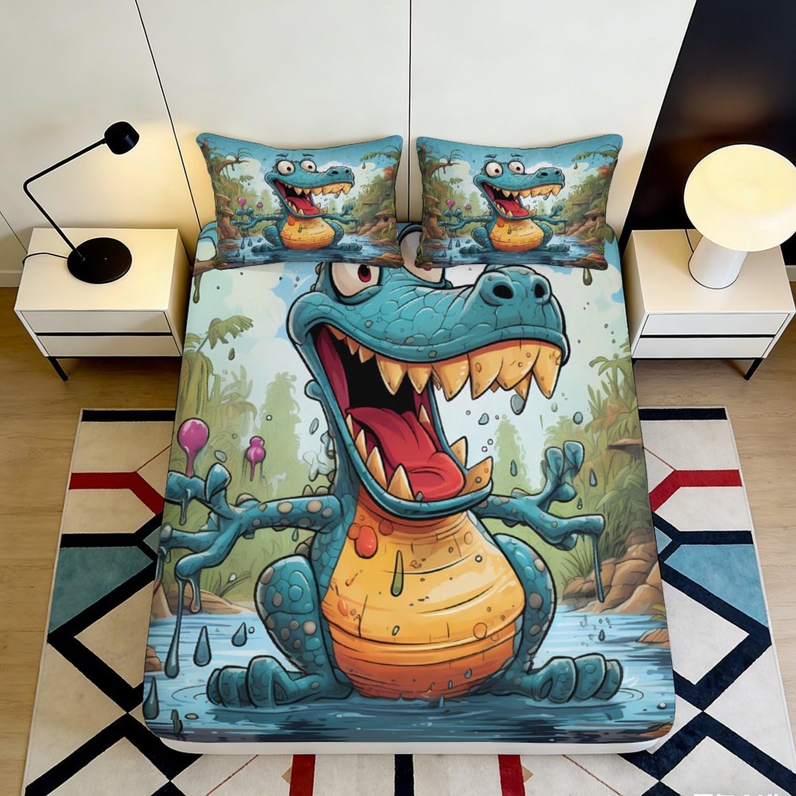 3D Printed Cartoon Dinosaur Fitted Sheet Microfiber Soft Breathable Jungle Mattress Cover for Bedroom Dorm Decor 90x200x25cm
