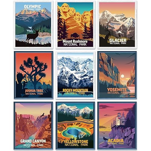 Outus 9 Pieces Vintage National Park Posters, National Park Art Prints Nature Wall Art and Mountain Print Set Abstract Travel Unframed for Hikers Campers Living Room Decor, 8 x 10 Inch(National Park)