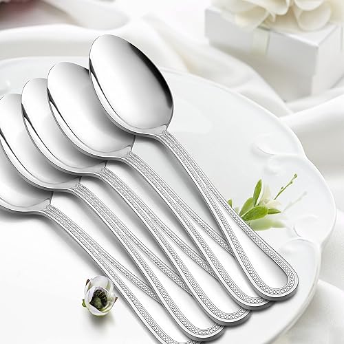 Miniatura 6 de E-far - Juego de 12 cucharas de acero inoxidable con borde perlado para hogar, cocina, restaurante, pulido espejo y apto para lavavajillas, 7.9