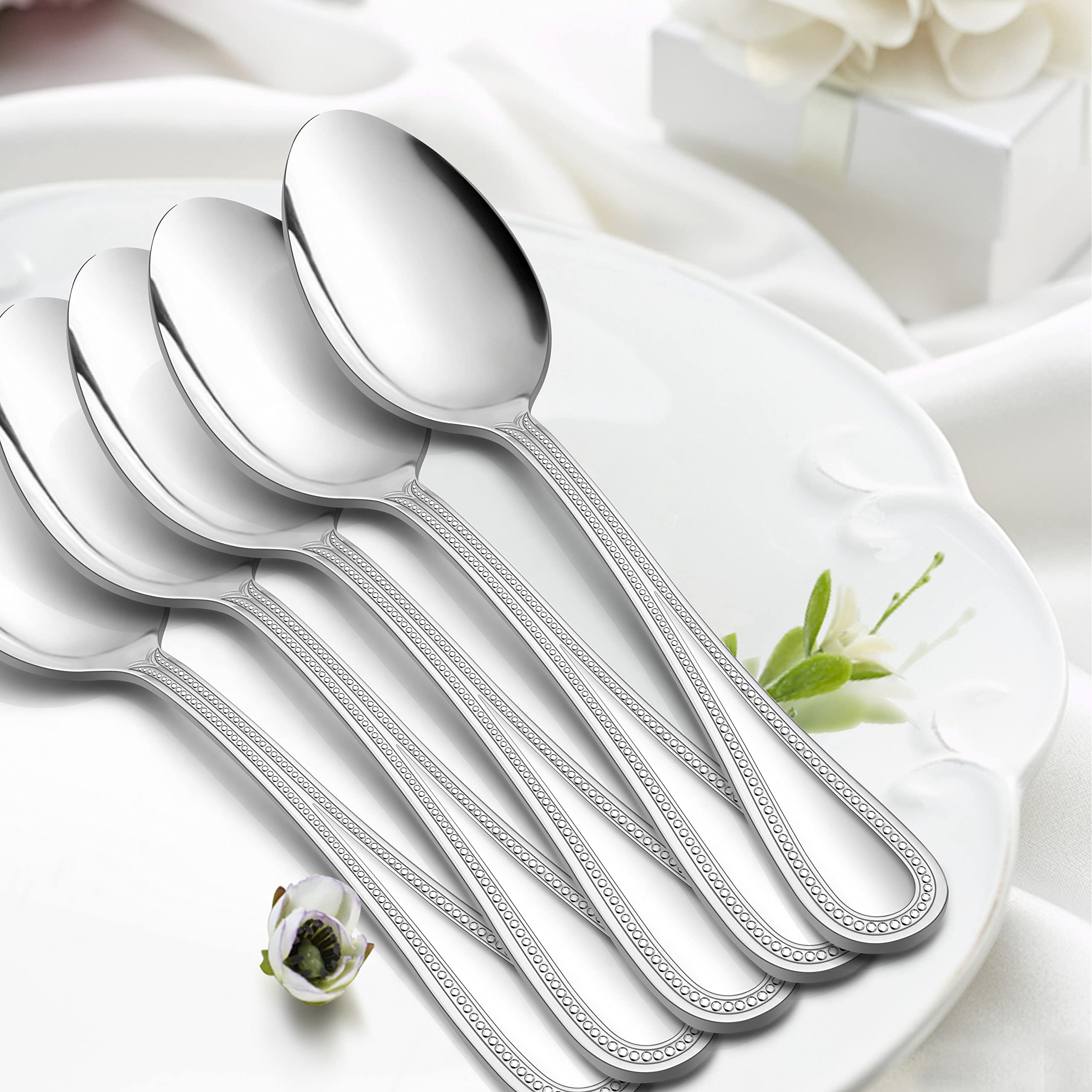 E-far - Juego de 12 cucharas de cena de acero inoxidable con borde perlado para el hogar/cocina/restaurante, pulido espejo y apto para lavavajillas, 7.9 pulgadas