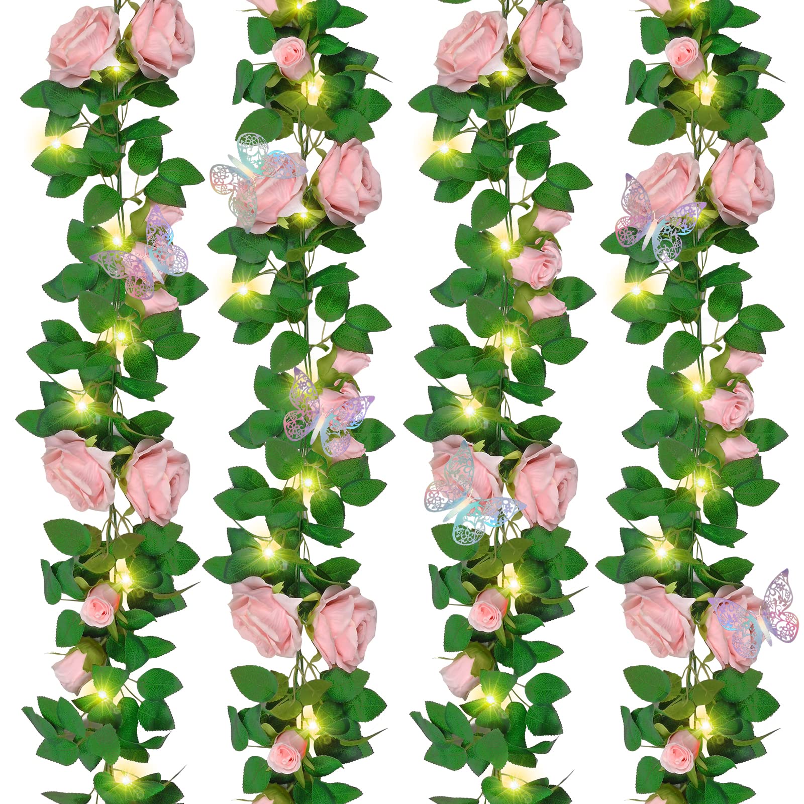 Yastouay 4Pcs 26.9Ft Pink Flower Garland with 4Pcs Lights, Butterfly Artificial Rose Garland Fake Rose Vines Flower Vines for Backdrop Wedding Table Centerpiece Decoration Baby Shower Room Decor