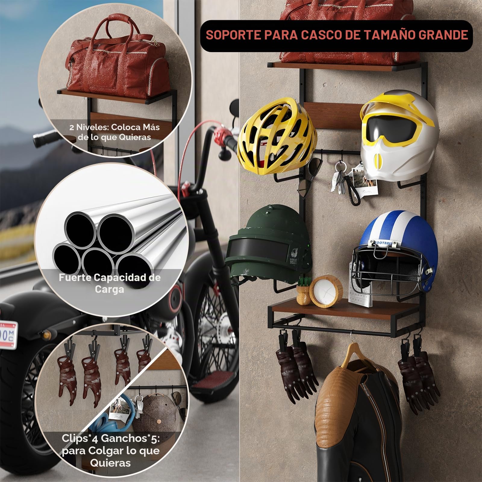 Colgador Casco Moto Pared Perchero para Casco Soporte para colagar el Casco y la Chaqueta Gancho Con Tablero de Madera de 2 Capas para Guardar Accesorios de Motocicleta