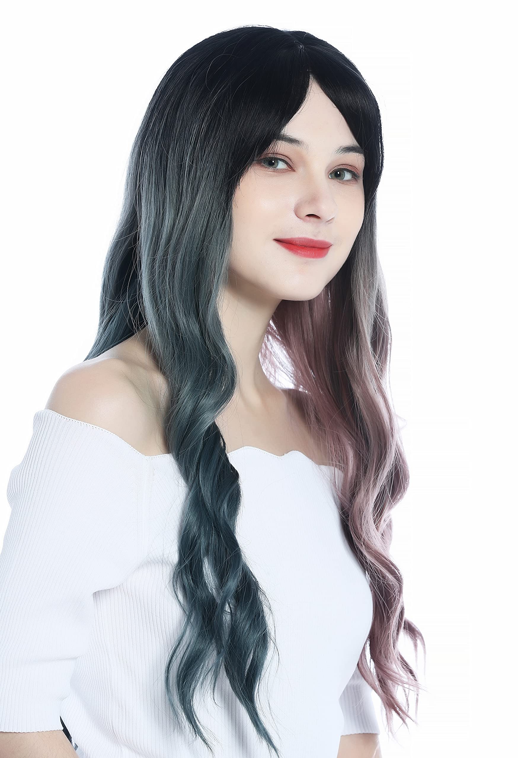 WIG ME UP - C8259-612-422 Ladies' Wig long wavy ombre black asymmetrical colouration grey-blue other side dark pink - Image 2