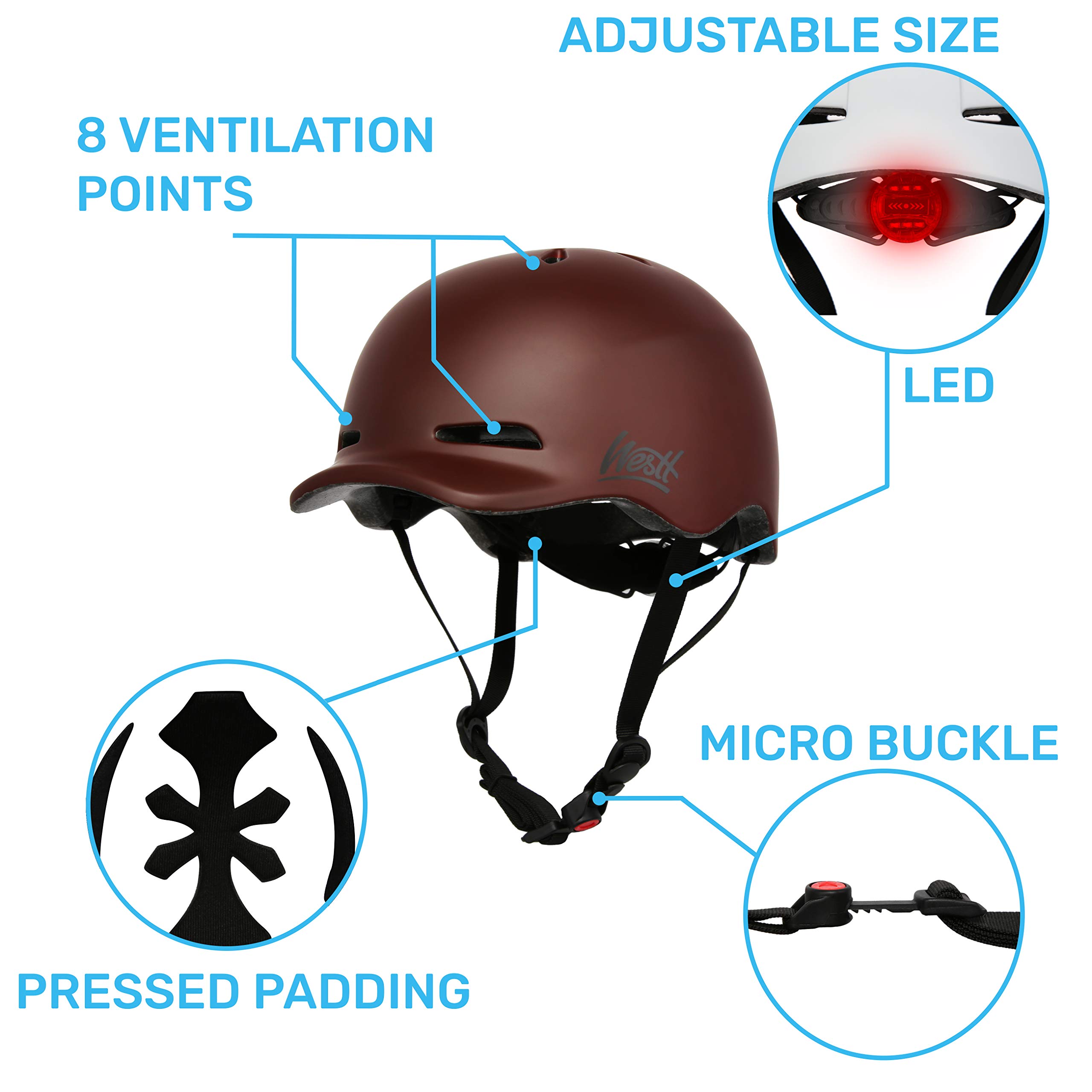 Westt Urban - Casco da bici per adulti retroilluminazione a LED, ciclismo multisportivo, bici, mountain bike, skateboard, pattini a rotelle regolabile per uomini e donne