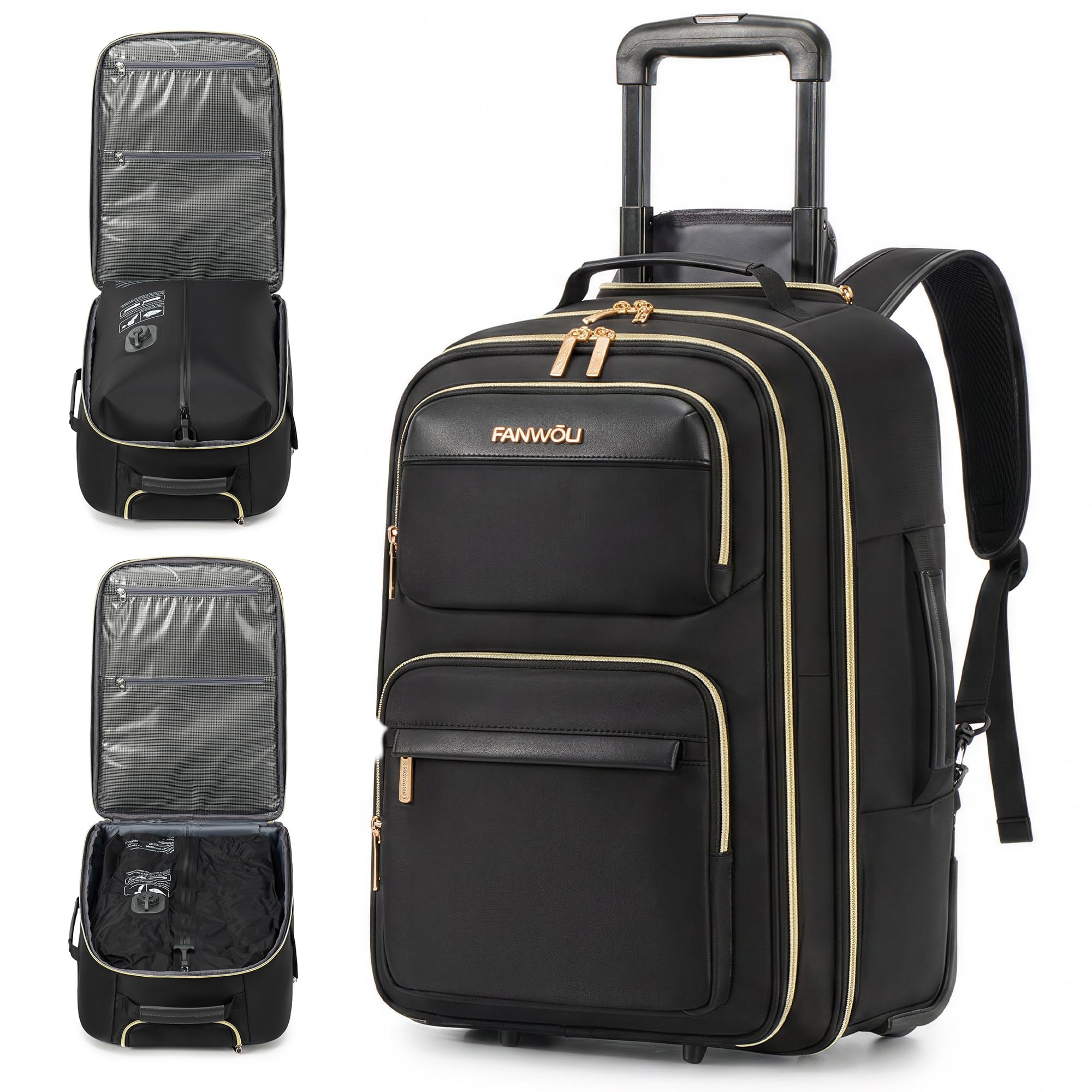 Fanwoli Rolling Vacuum Backpack for Women,One-Button Compression,Carry On | Built-In Electric Pump,TSA-Friendly 17" Laptop,Shoe + Wet/Dry Pocket,Water-Resistant,Compression Backpack for Travel