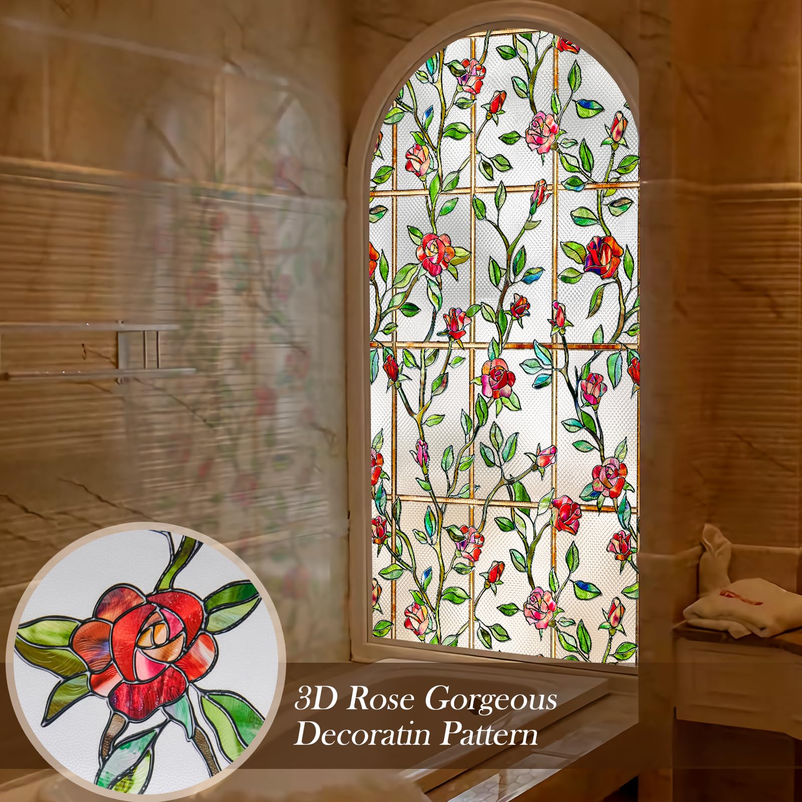 Windimiley Fensterfolie Sichtschutzfolie mit 3D-Rosenblumenmuster – dekorativ, mattierend und statisch haftend für Fenster & Türen 90 x 200 cm Rot
