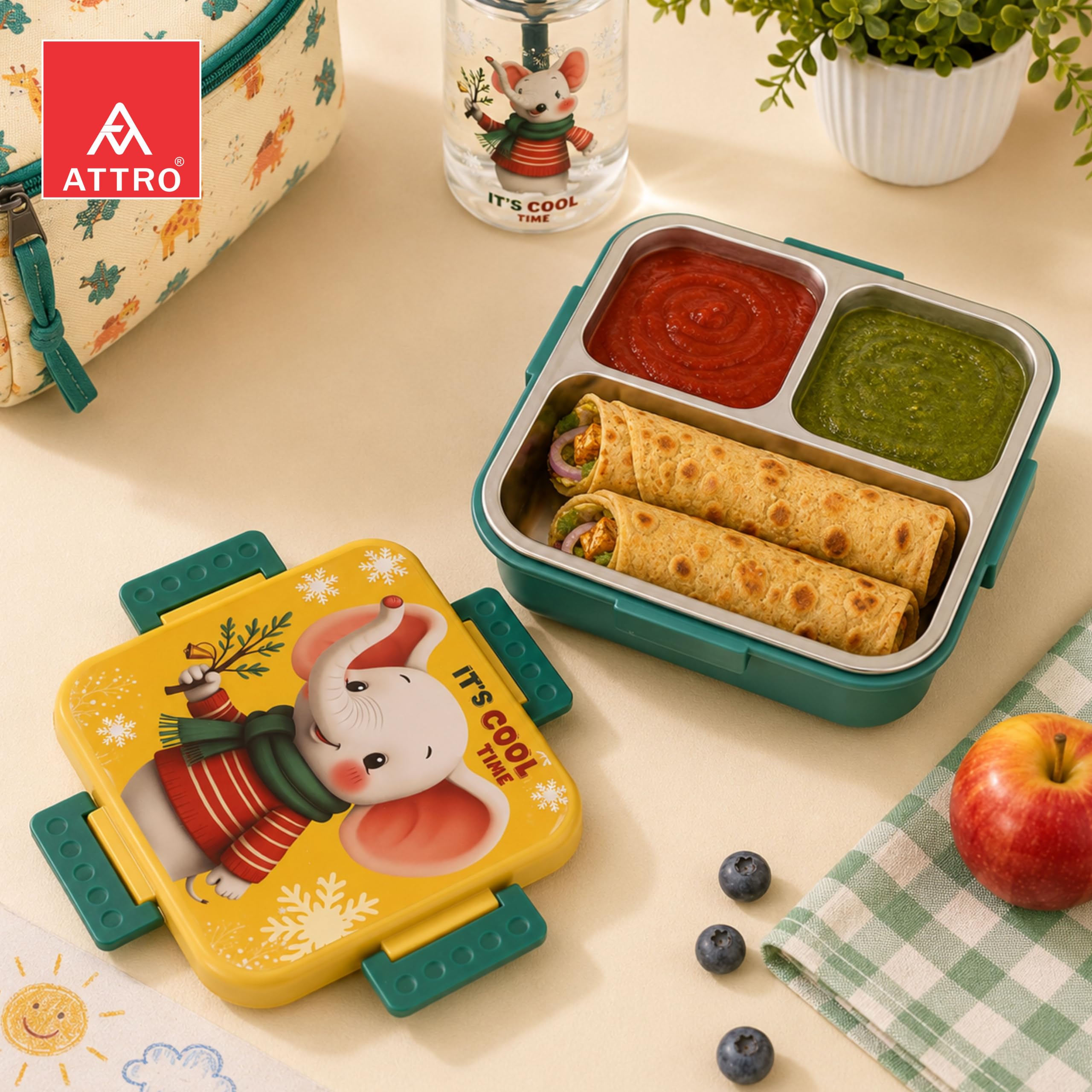 ATTRO Kids Lunch Box - Stainless Steel 3 Compartment -7