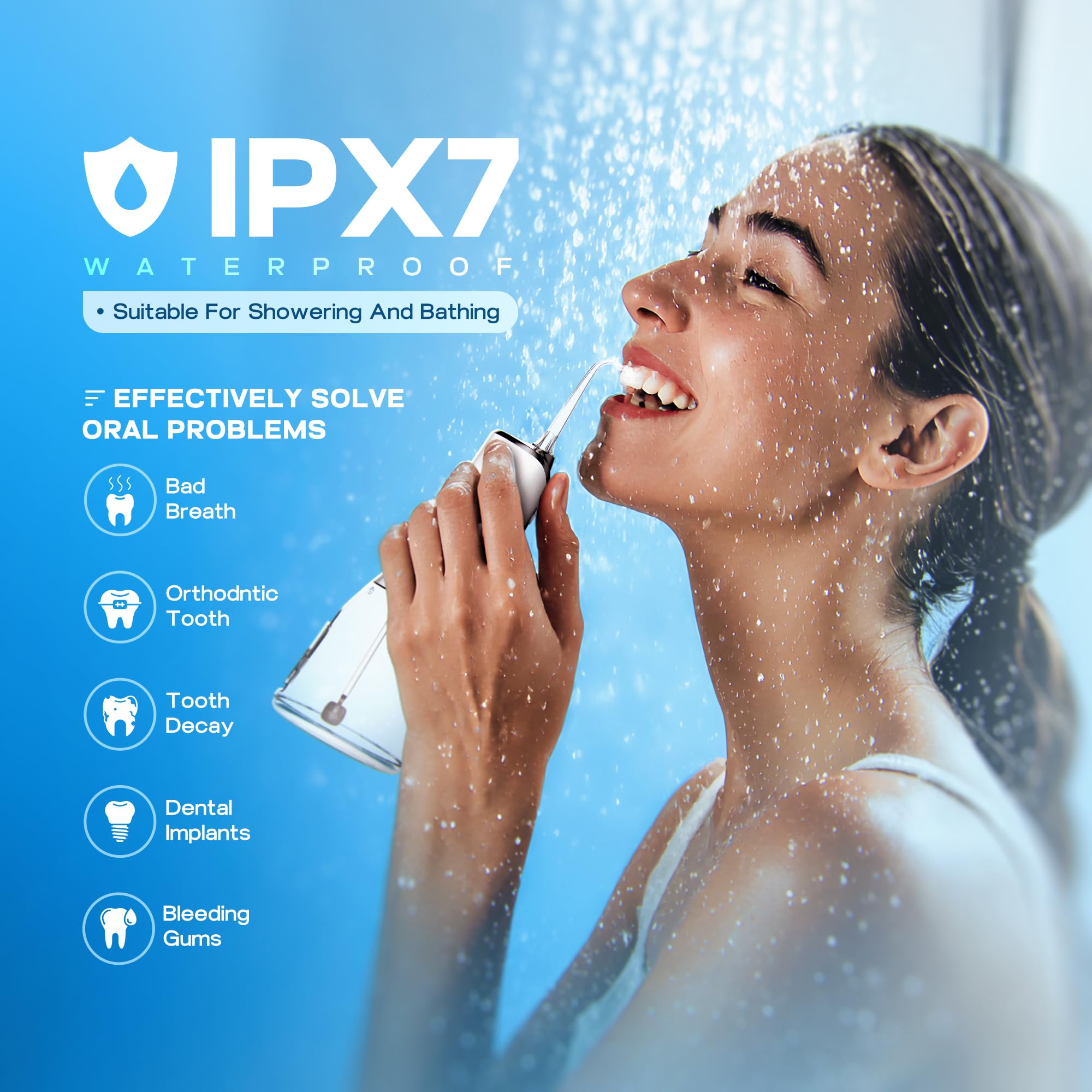 Idropulsore senza fili per la pulizia dei denti - Irrigatore orale con serbatoio staccabile da 300 ml con 5 punte e 5 modalità, impermeabile IPX7, plettro dentale ricaricabile USB per bretelle