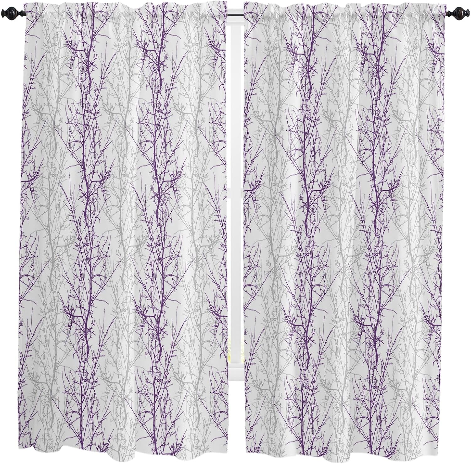 Purple Grey Branch Bathroom Window Curtain, Spring Summer Pastoral Botanical Light Filtering Coffee Kitchen Curtains, Bedroom Living Room Curtains 2 Panel 84"x63"