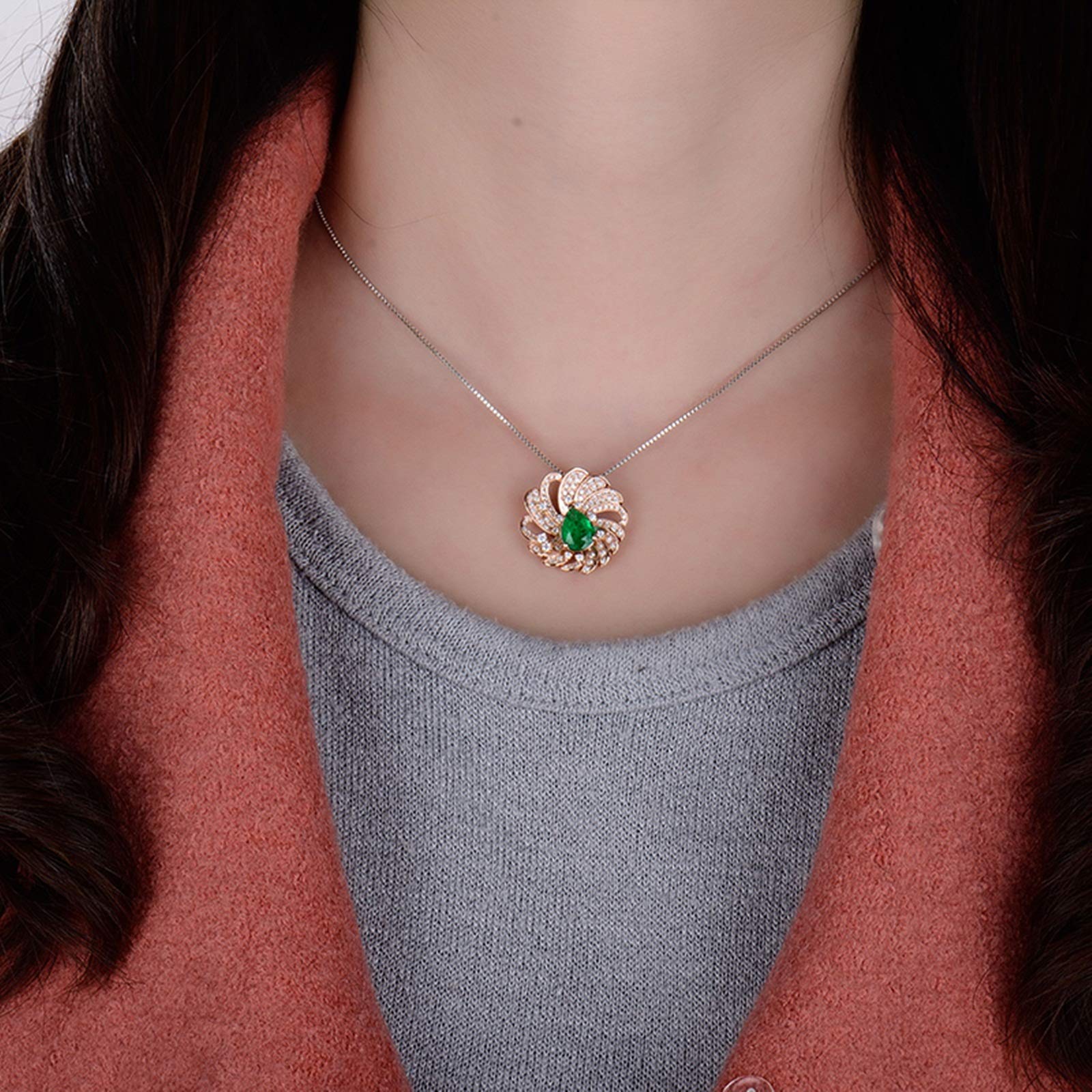 Collar para Mujer, Flor con Esmeralda creada por Muchacho de 1,5 Quilates, Oro de 18 Quilates/Plata de Ley 925, Collares con Colgante para niñas, Regalo para el día de la Madre/día de San Valentín,