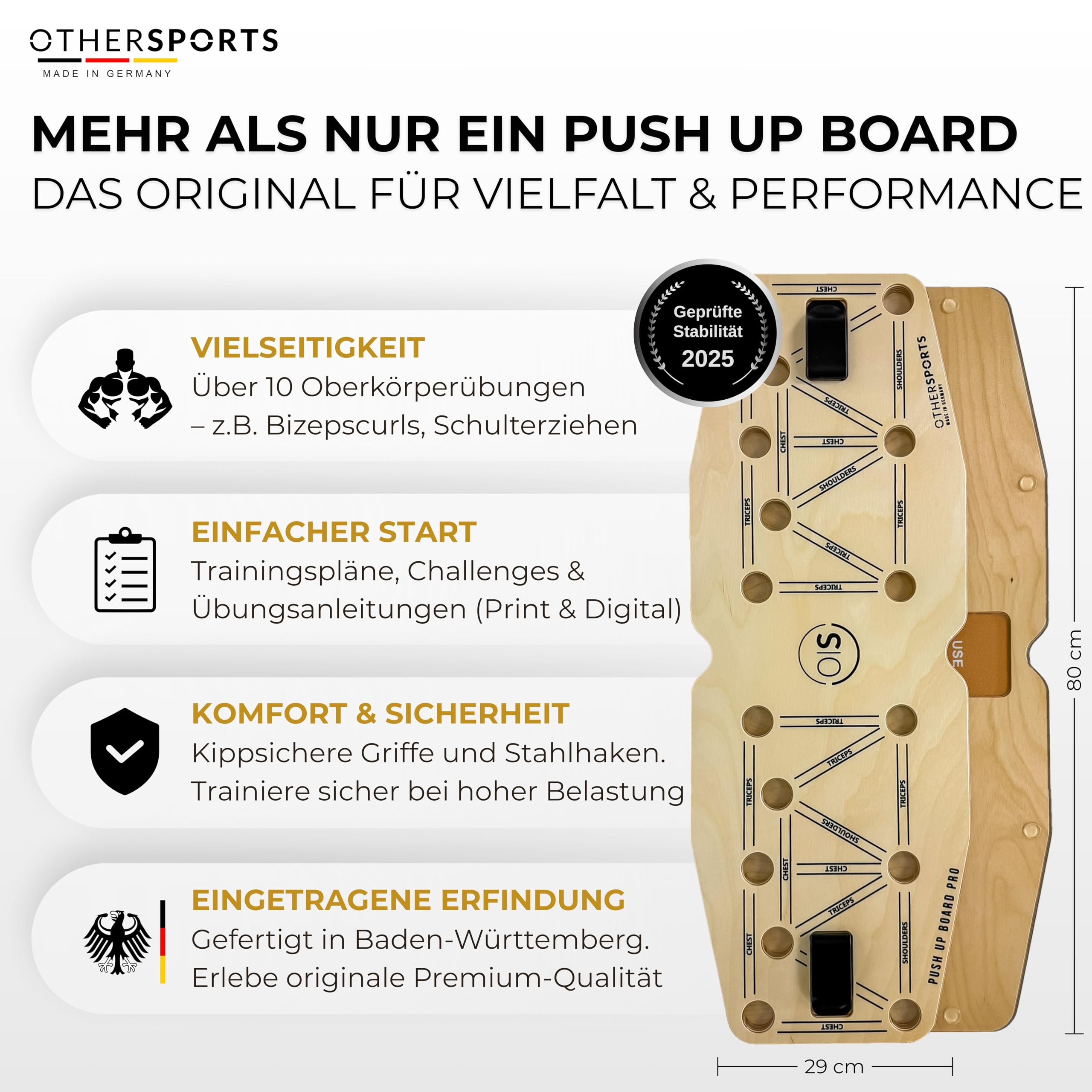 Liegestütze Brett Pro 3 – Maximal effektives Brusttraining mit Balance + Widerstandsfunktion – Push up Board Holz – Brust Trainingsgerät