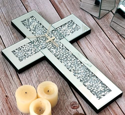 Miniatura 4 de GIMORRTO Decoración de pared con cruz de espejo - Espejo de cristal incrustado con diamante triturado de 15 x 10 pulgadas