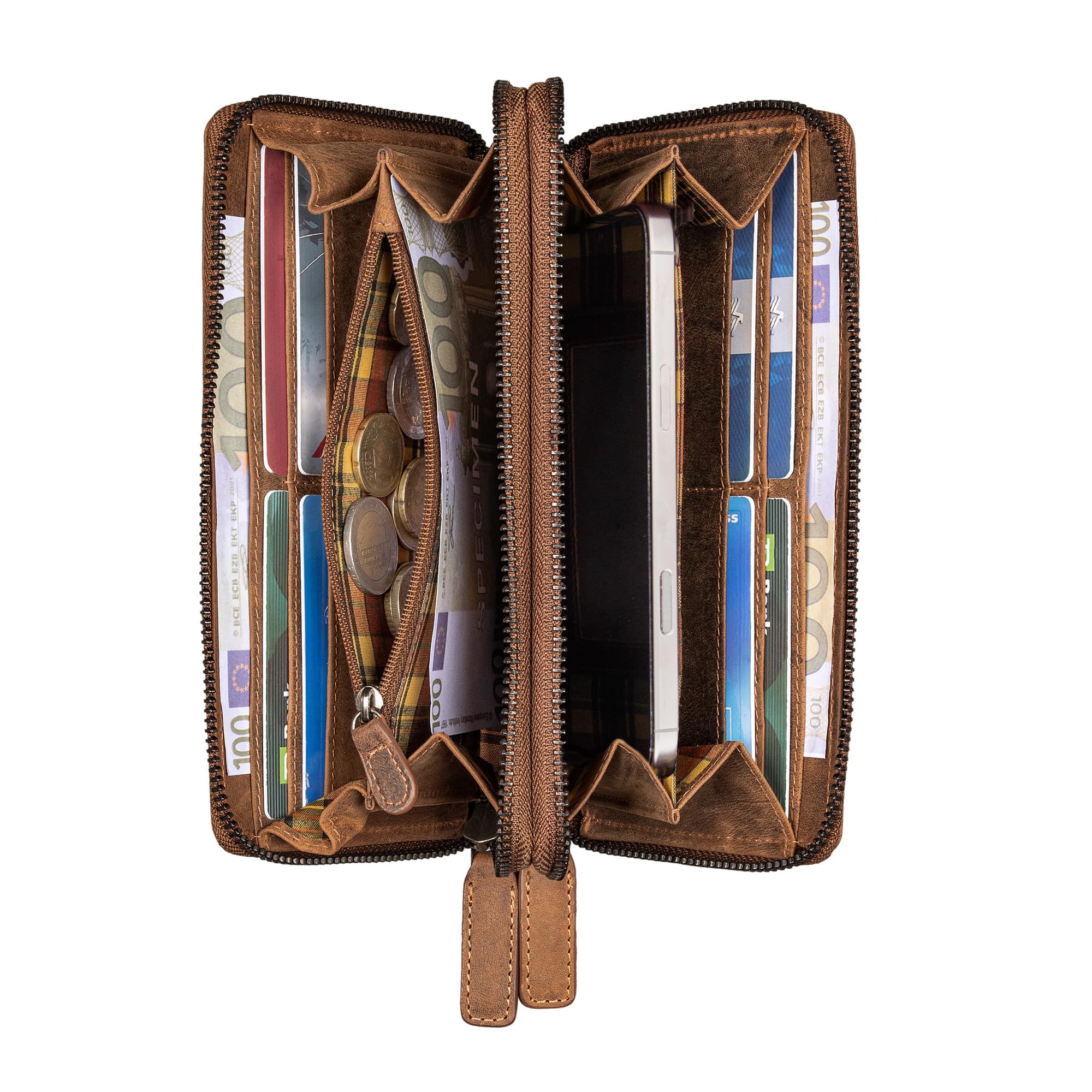STILORD "Poppy 3-in-1 XL Leder Geldbörse Damen Groß mit Handyfach 12 Kartenfächer Doppelter Reißverschluss RFID-Schutz Clutch Echtleder Portemonnaie mit vielen Fächern Farbe:Bergamo - braun