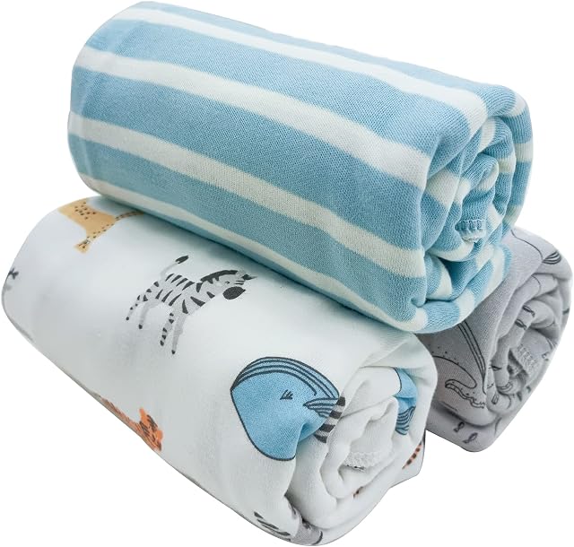 3 Pack Baby Swaddle Blanket 100% Cotton Knitted Baby Receiving Blanket 90 x 90cm Unisex Printed Newborn Swaddle Wrap Soft Baby Shower Swaddle Gift for Girls and Boys (Whale Elk Green Stripes)