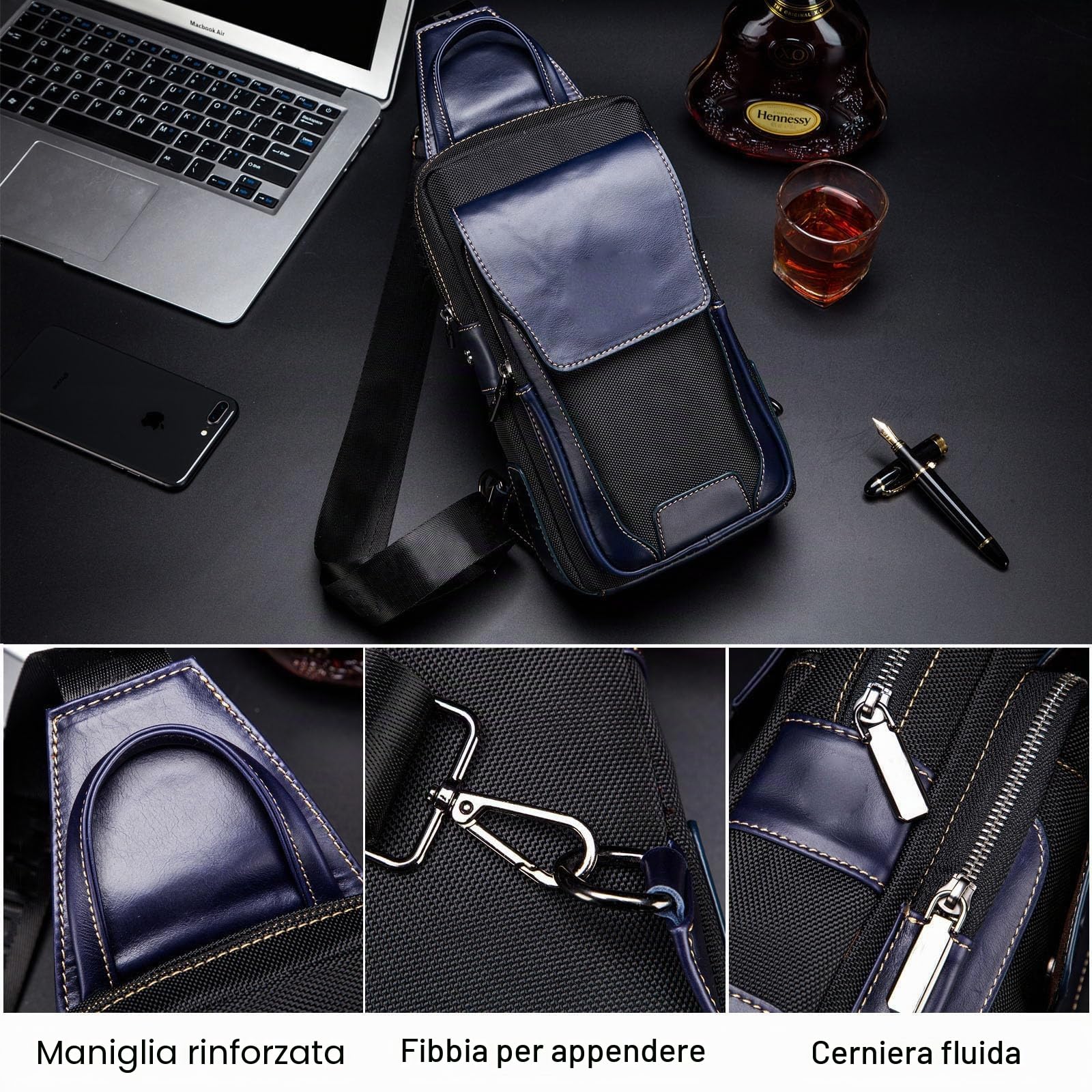 FANDARE Retrò Zaino Monospalla Uomo Borsello Tracolla Zainetto Piccolo Zaino Spalla Impermeabile Pelle Affari Borsa a tracolla per Trekking Ciclismo Viaggio Marsupio Tracolla Blu nero