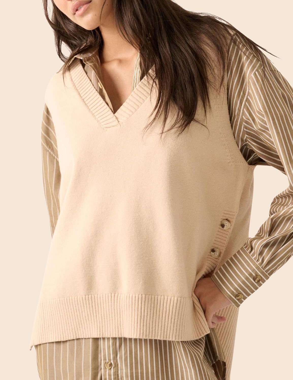 InterNos Women's V Neck Pullover Sweater Vest Classic Side Split Button Sleeveless Rib Knitwear Top - Image 2