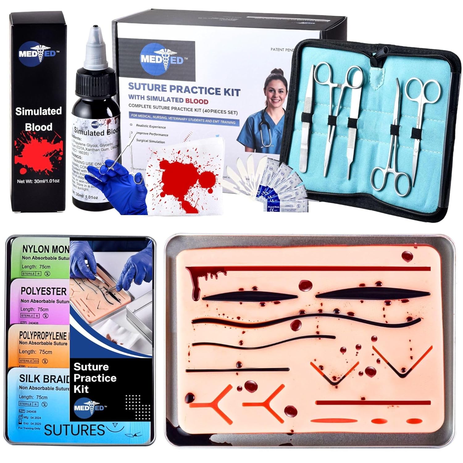 Suture Practice Kit with Blood - 40-Piece Medical Training Kit