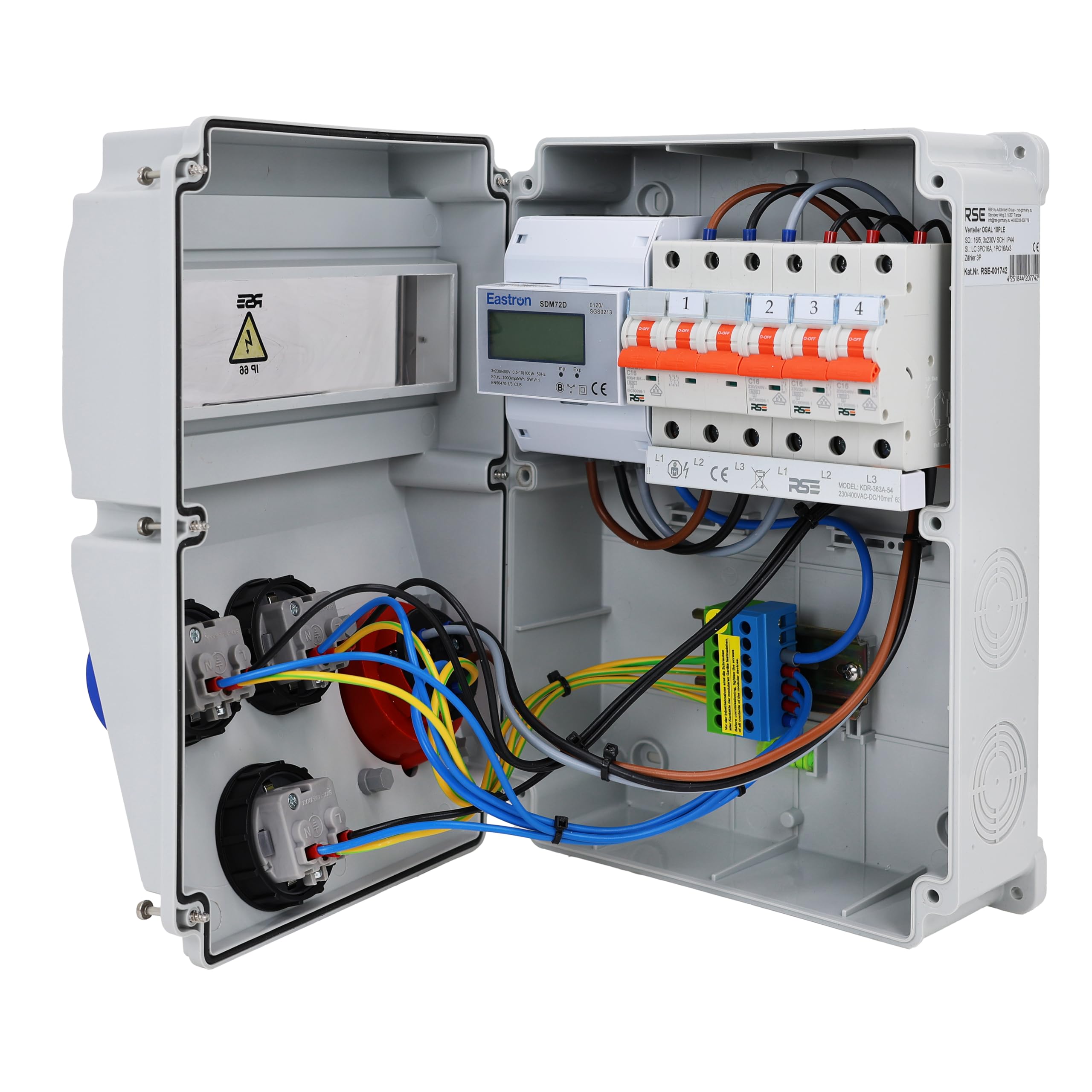 Distributore di corrente murale completamente cablato 32 A 16 A 230 V con presa CEE IP65, 5. 1 x 16 A, 3 x 230 V con LS + contatore