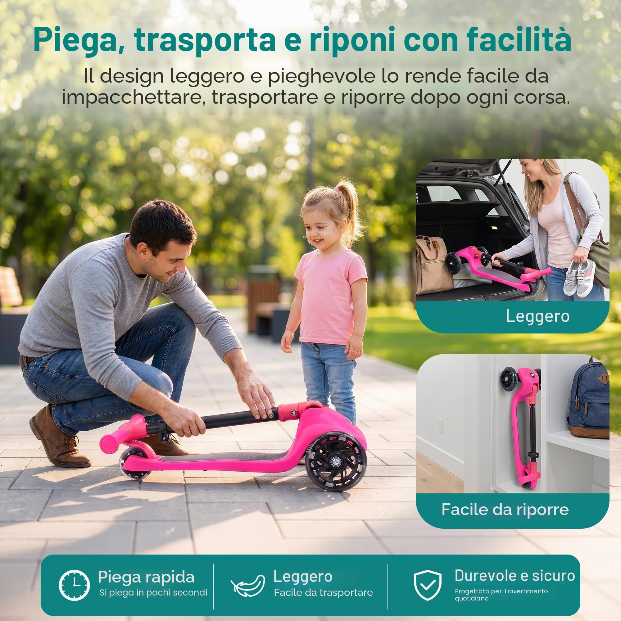 SereneLife Monopattino Bambino Pieghevole, Monopattino Bambina a 3 Ruote con Luci LED, Manubrio Regolabile e Freno, Monopattino a 3 Ruote, Scooter per Bambini e Bambine dai 3 Anni fino a 50 kg
