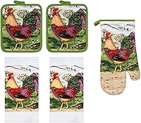 Vista 11 de Juego de ropa de cocina de 5 piezas, 2 toallas de algodón, 2 agarraderas, 1 guante de horno con lazo para colgar, material 100% algodón en la parte