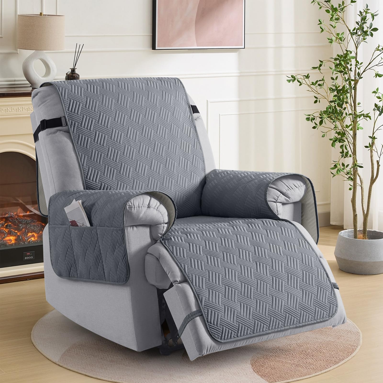 KinCam Waterproof Recliner Chair Cover, Armchair Slipcover with Elastic Straps & Side Pocket - Image 2