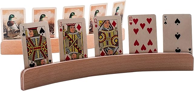 GrowUpSmart Playing Card Holder (Set of 4) 4 x 14 Premium wooden holders [Elegant, Curved Design, Natural Wood Finish, Table top Free Standing] Handsfree Card Playing for Kids, Adults, Seniors
