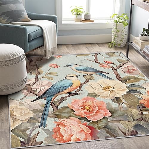 Miniatura 4 de Bird Flower Rugs for Bedroom 5x7 - Retro Floral Carpet for Living Room, 70s Rustic Washable Area Rug & Home Decor, Soft Low Pile Non Slip Indoor