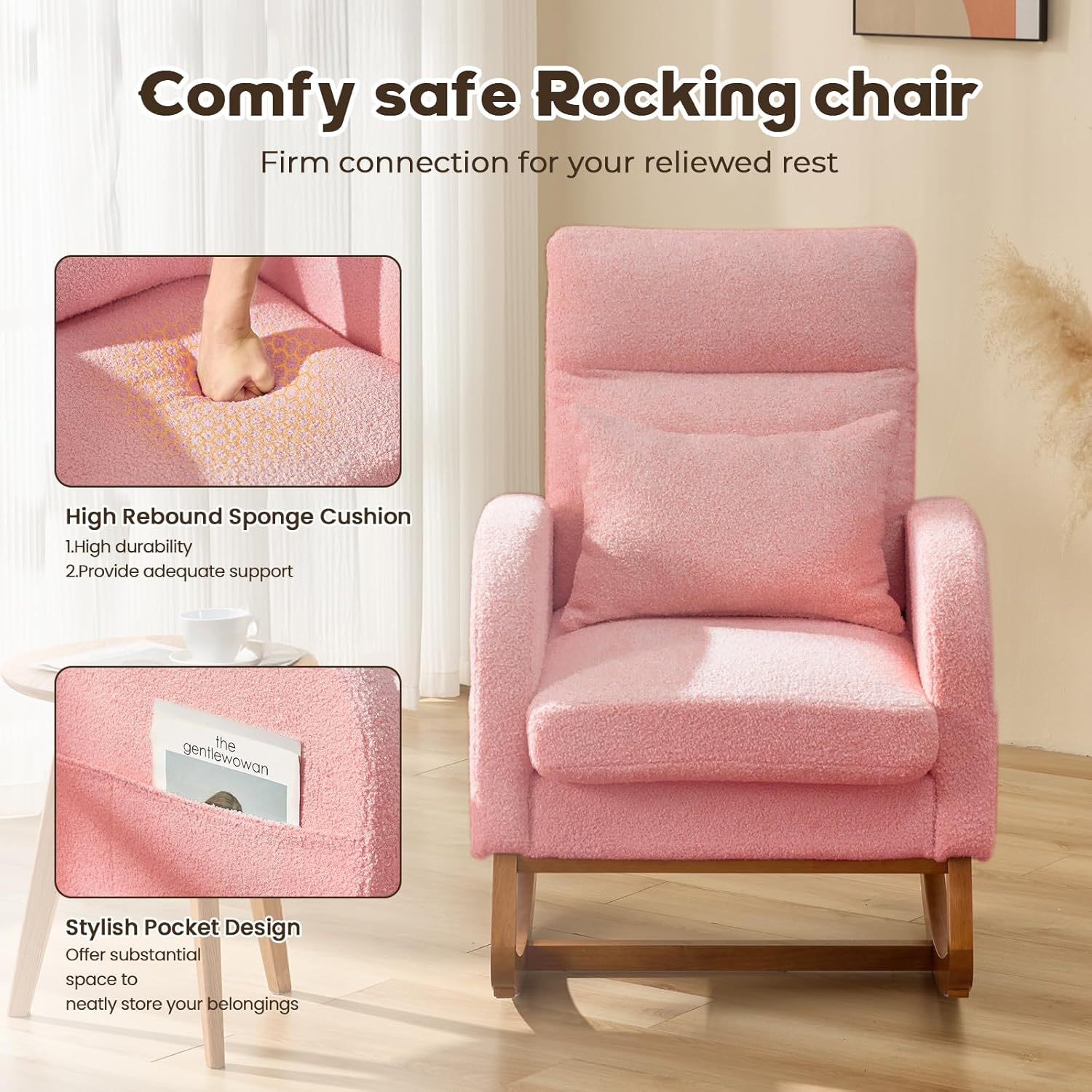 EROMMY Nursery Rocking Chair,Comfortable Upholstered High-Back Rocking Chair Nursery with Side Storage Pocket & Sturdy Rubber Wood Legs, Perfect for Breastfeeding & Living Room,Teddy Pink image 3 of 8 B0FKGZQZK6