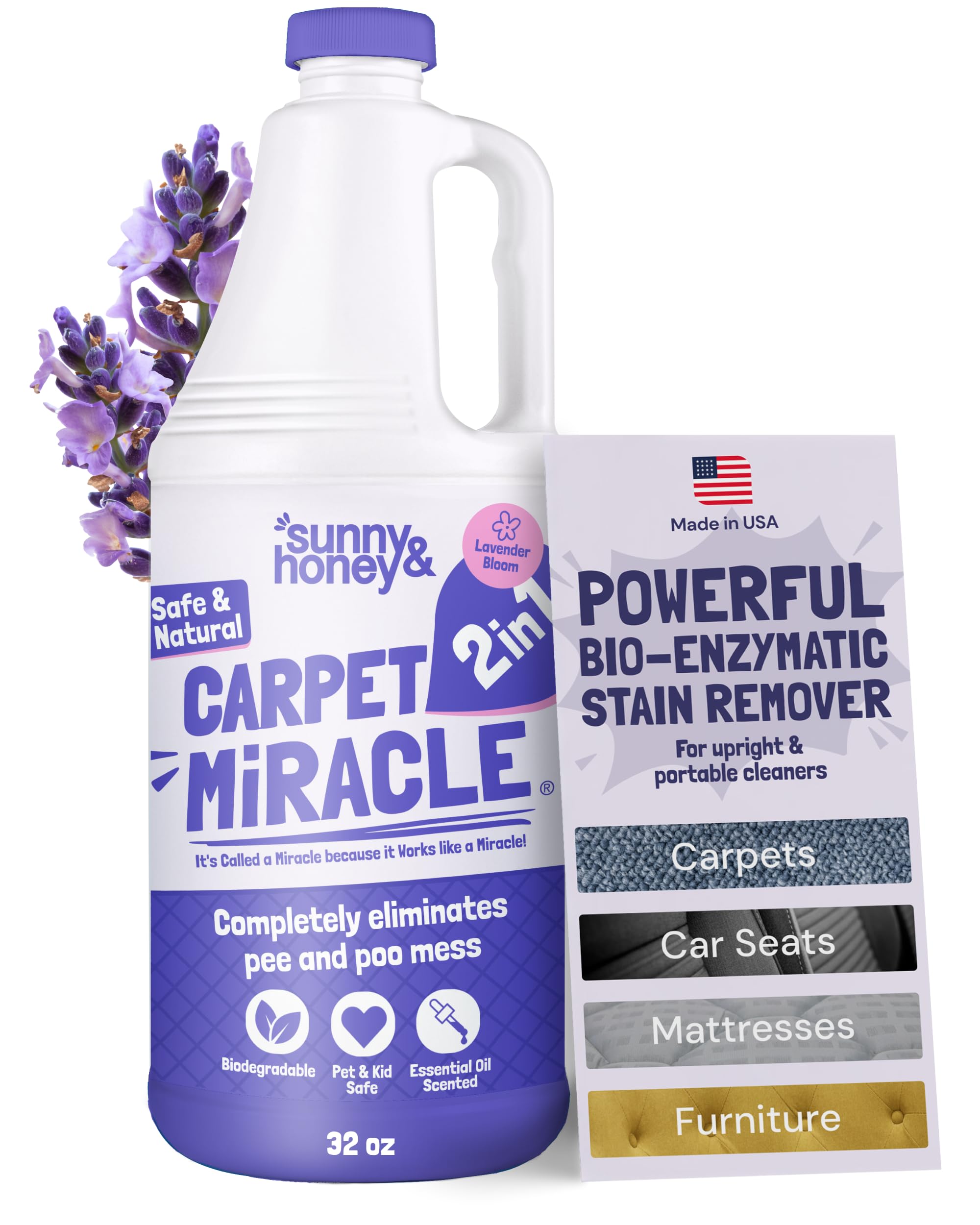 Sunny & Honey Carpet Cleaner Solution - 32 Fl Oz, Light Lavender - Deep Stain Remover & Odor Deodorizer - Pet Carpet Cleaner & Rug Shampoo