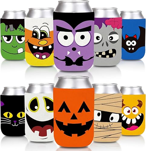Whaline 10 fundas para latas de Halloween, calabaza, murciélago, fantasma, gato negro, fundas reutilizables para Halloween, lindas expresiones,