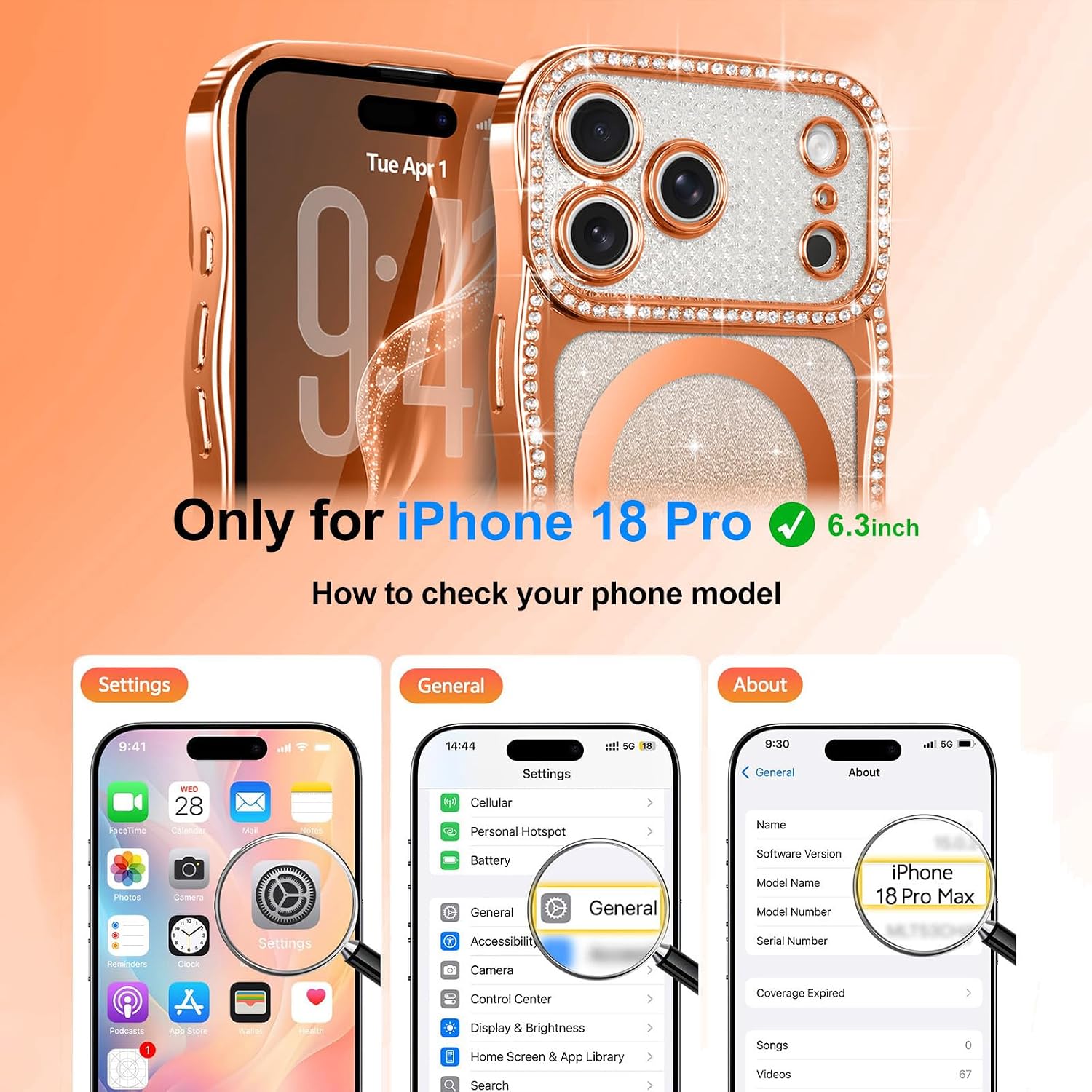 Lafunda Magnetic for iPhone 18 Pro Case Glitter Wavy Edge, Orange image 2