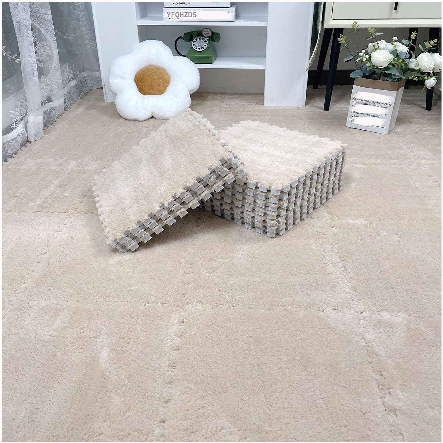 JvFbjLF Soft Plush Interlocking Floor Mats 12x12inch Puzzle Carpet Squares Fluffy Foam Floor Tiles With Border(Light Brown)