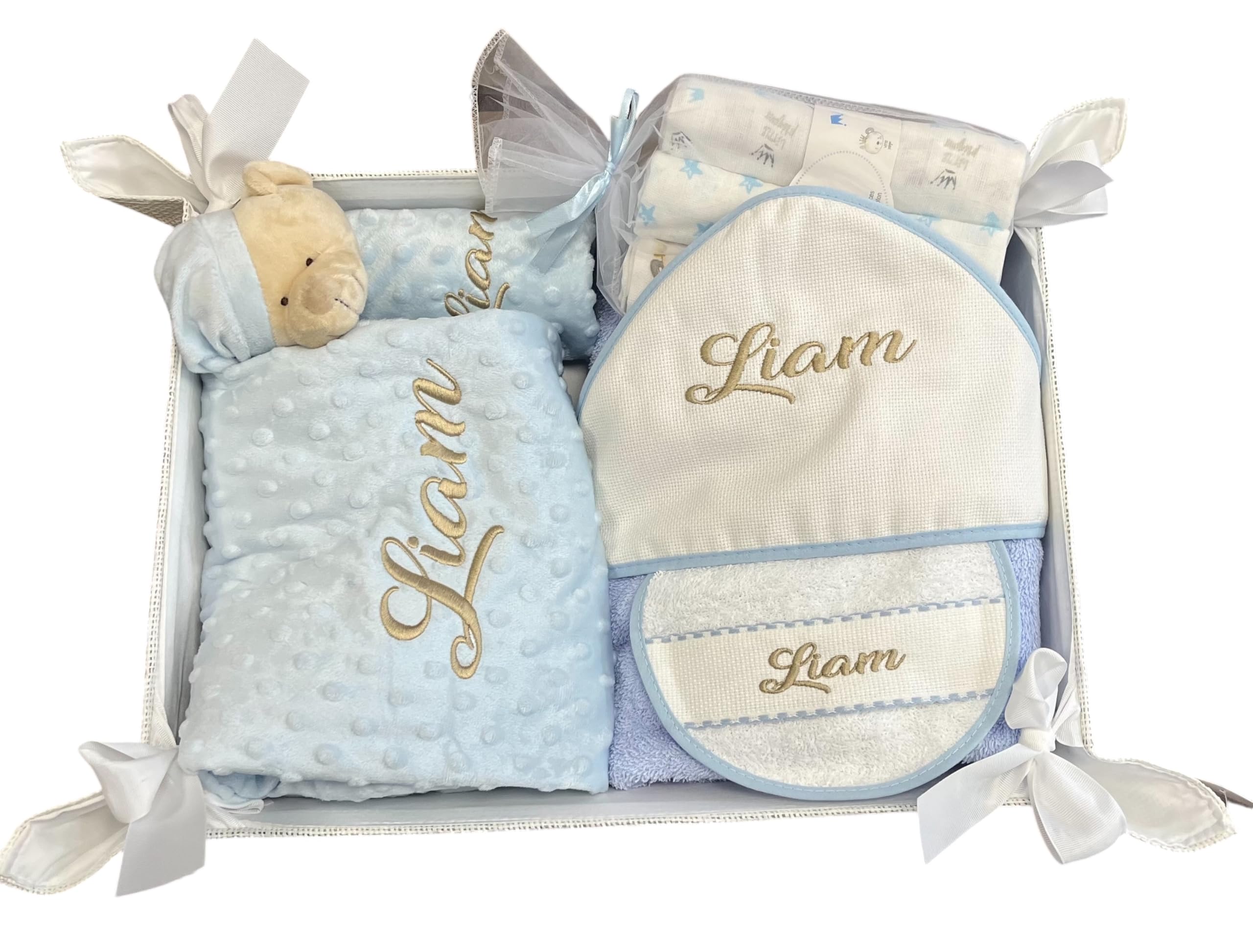 Danielstore - Canastilla Bebé Personalizada | Manta y Dou Dou con Nombre | Toalla de Baño y Babero Bordados | Pack 3 Gasas | Cesta para Recién Nacidos