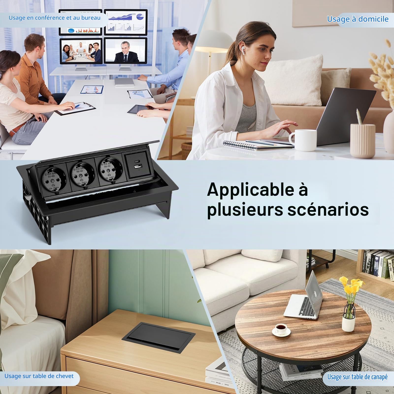 Prise Encastrable 3 Prises, avec 1 USB-C et 1 USB-A, Prise Table Escamotable Multiprise Alliage d'Aluminium, Câble d’Alimentation 2M, 20W USB, pour Bureau, Salle de Jeux, Salle de Réunion 2500W